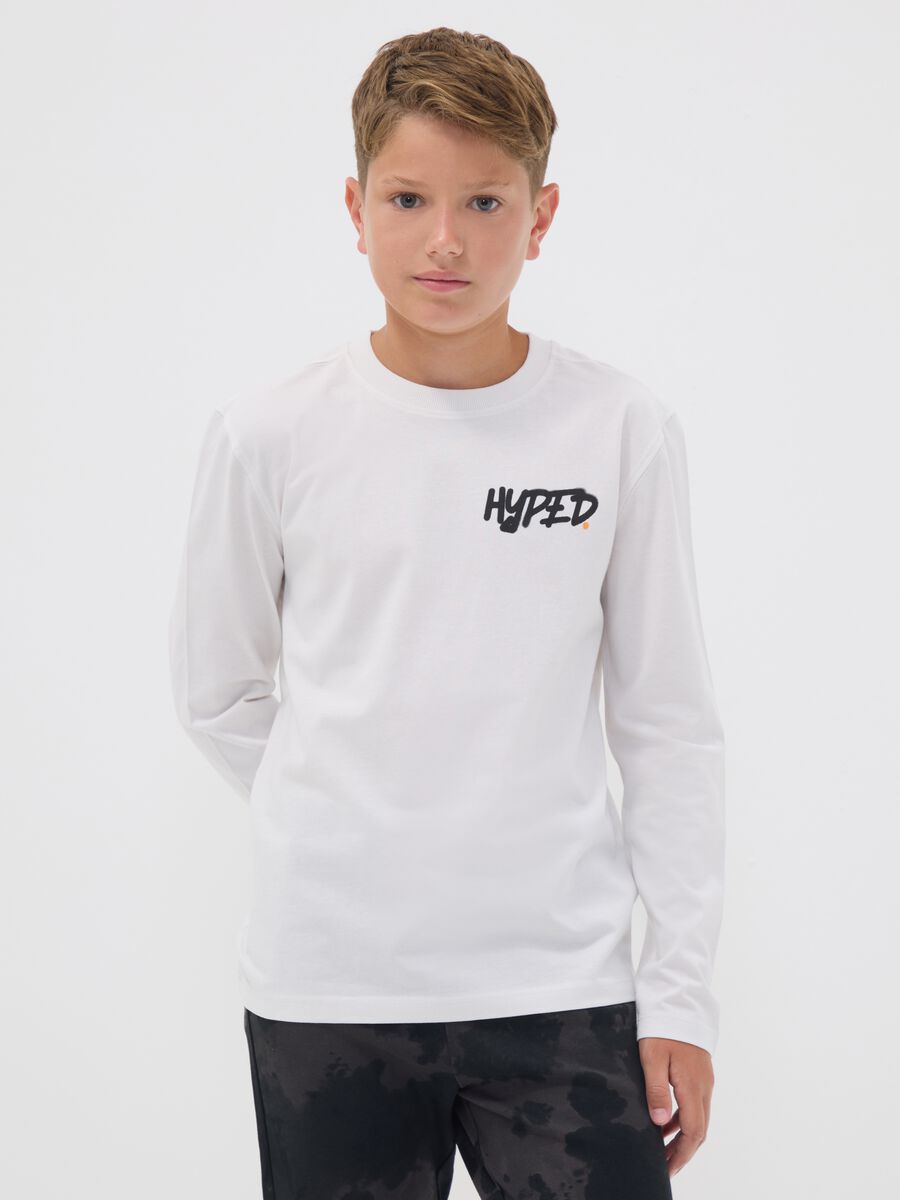 T-shirt bianca in puro cotone organico con stampa "Hyped" per ragazzo_1
