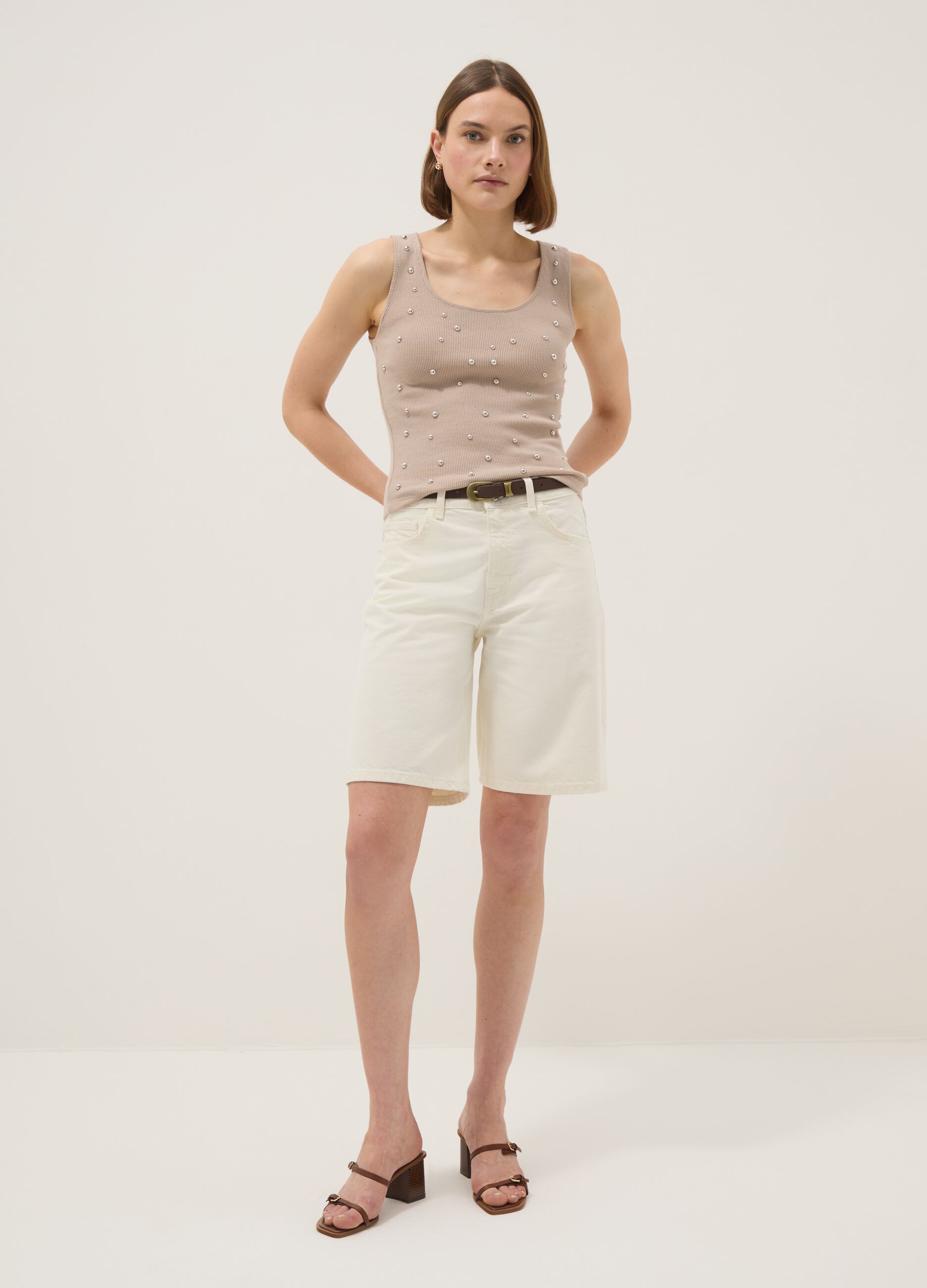 Beige regular fit tank top with metallic appliqu&eacute;s