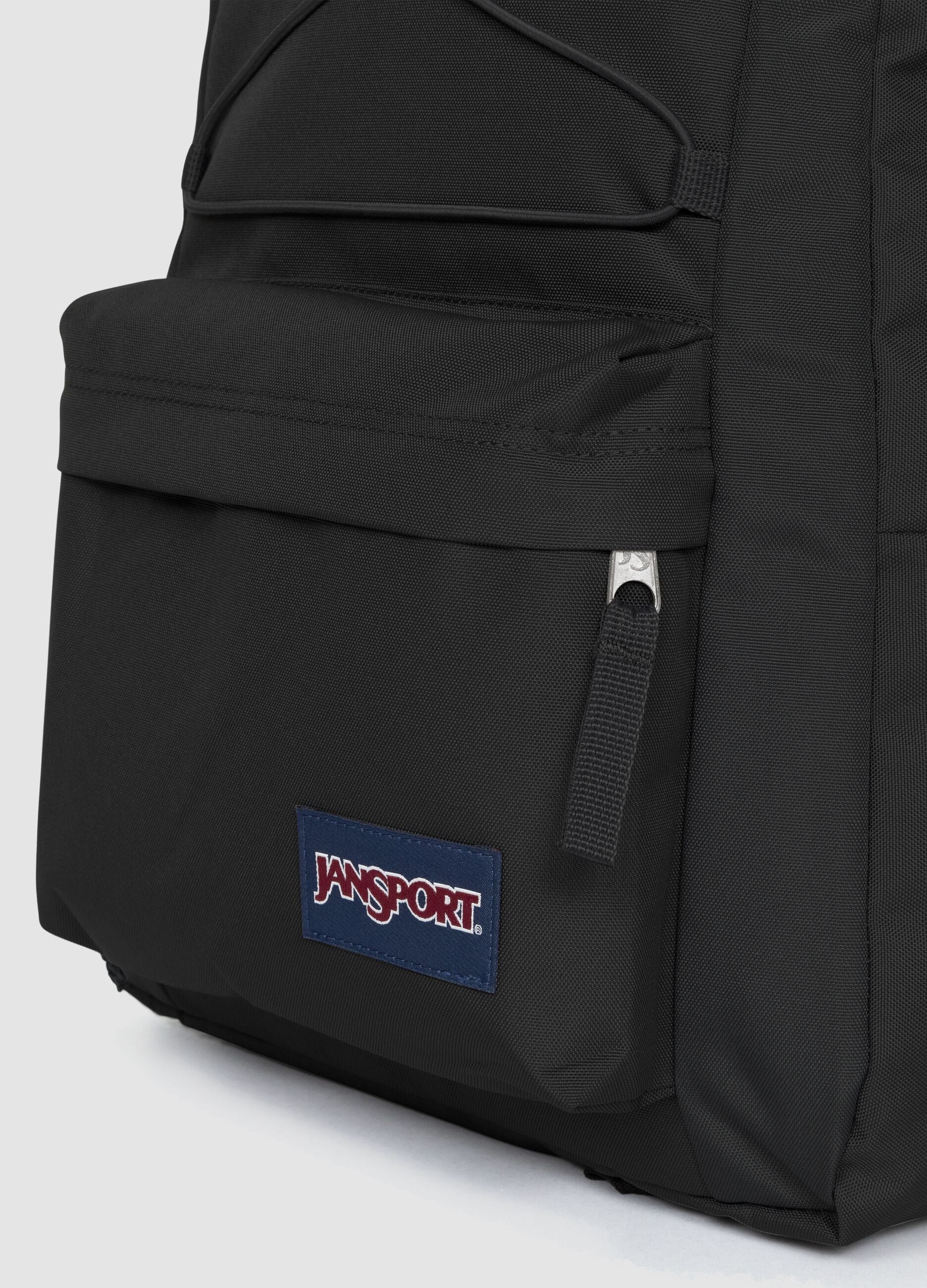 Black backpack with front pocket and adjustable shoulder straps