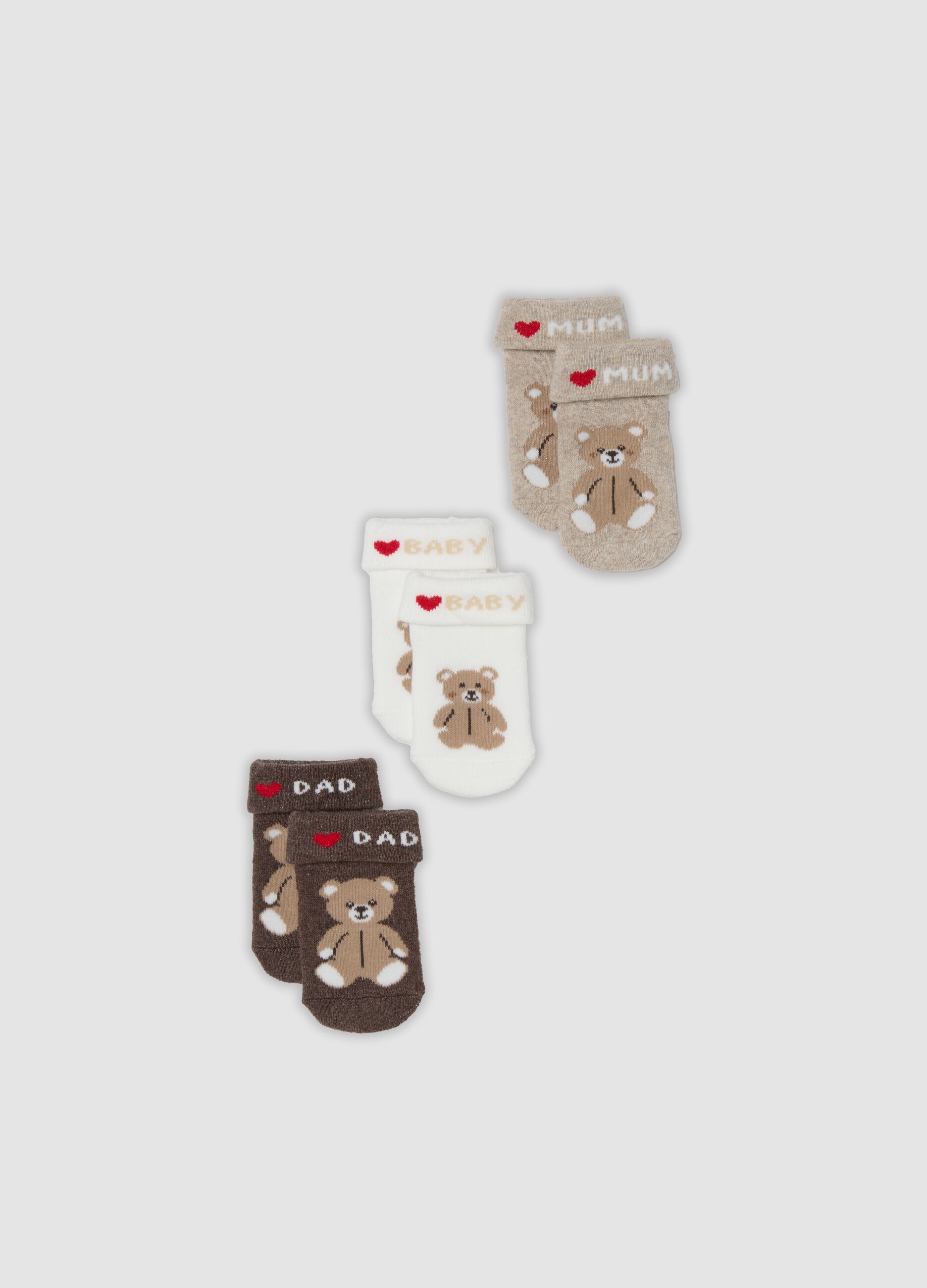 3-pack of multicolour organic cotton-blend short socks with teddy bear prints for babies
