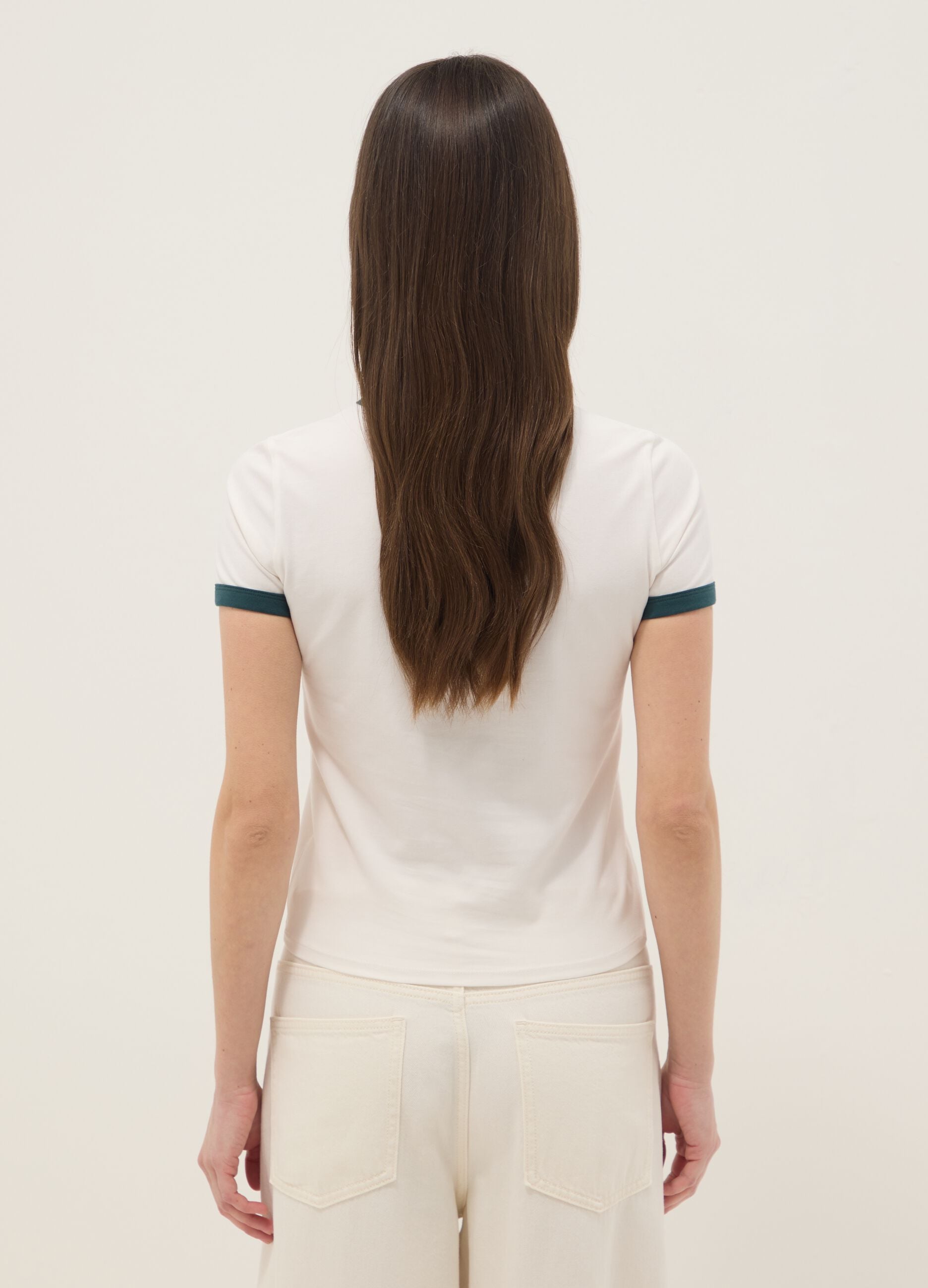White regular fit stretch cotton T-shirt with green print