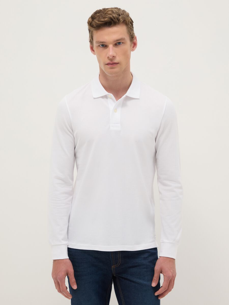 White long-sleeve cotton polo shirt, regular fit_0