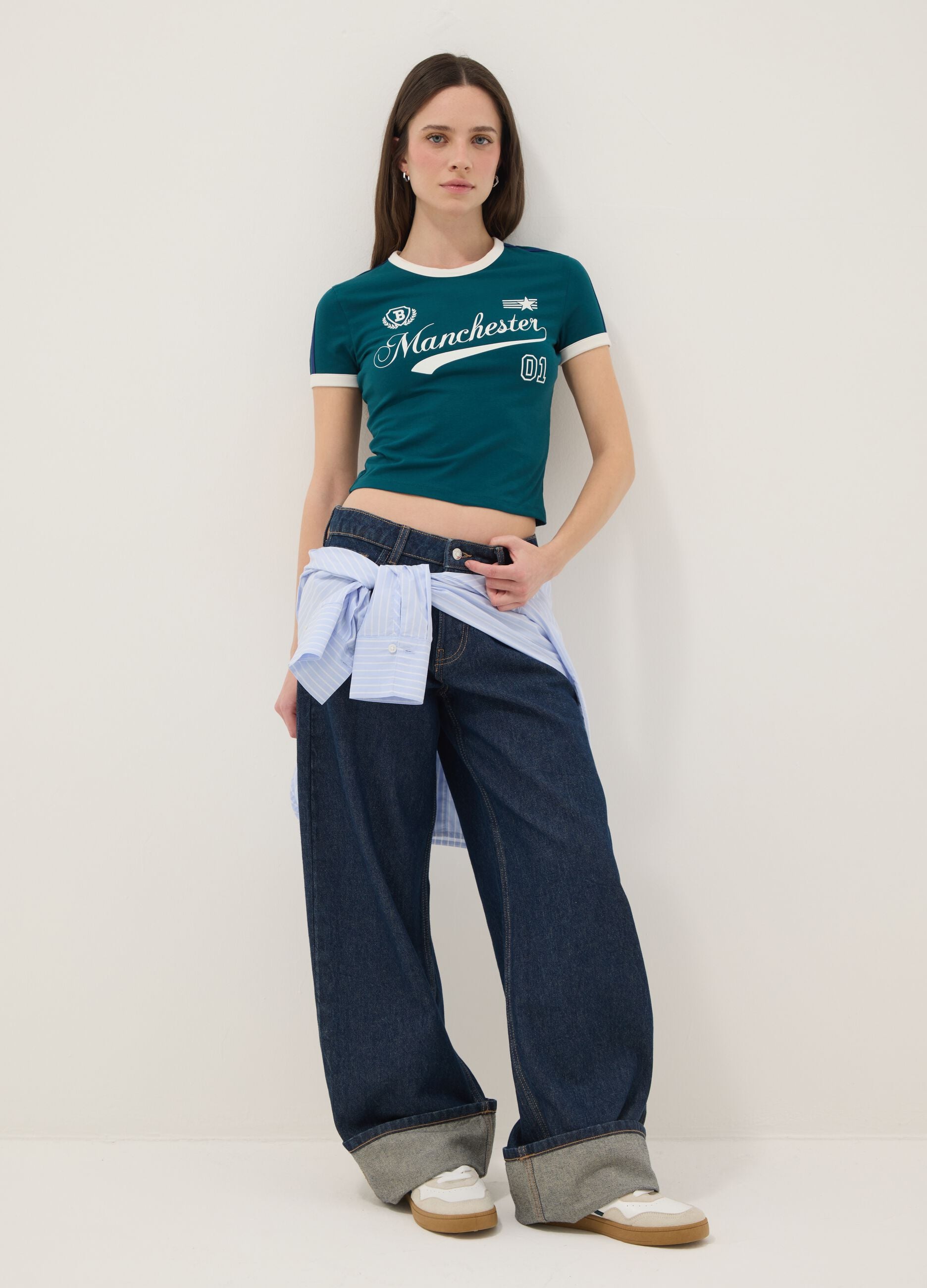 Green slim fit stretch cotton T-shirt with print