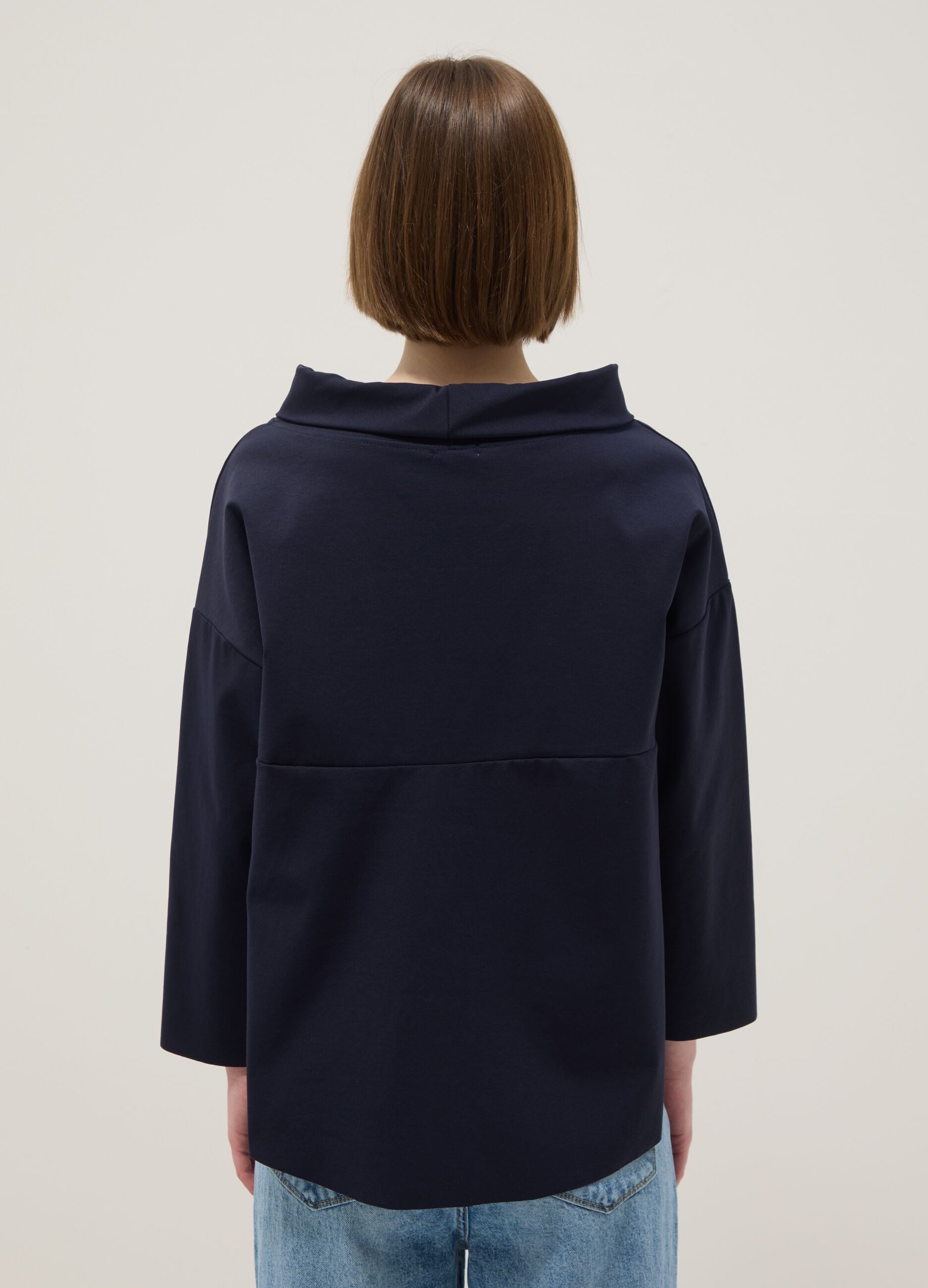 Blue regular fit stretch cotton blend jumper with wide collar