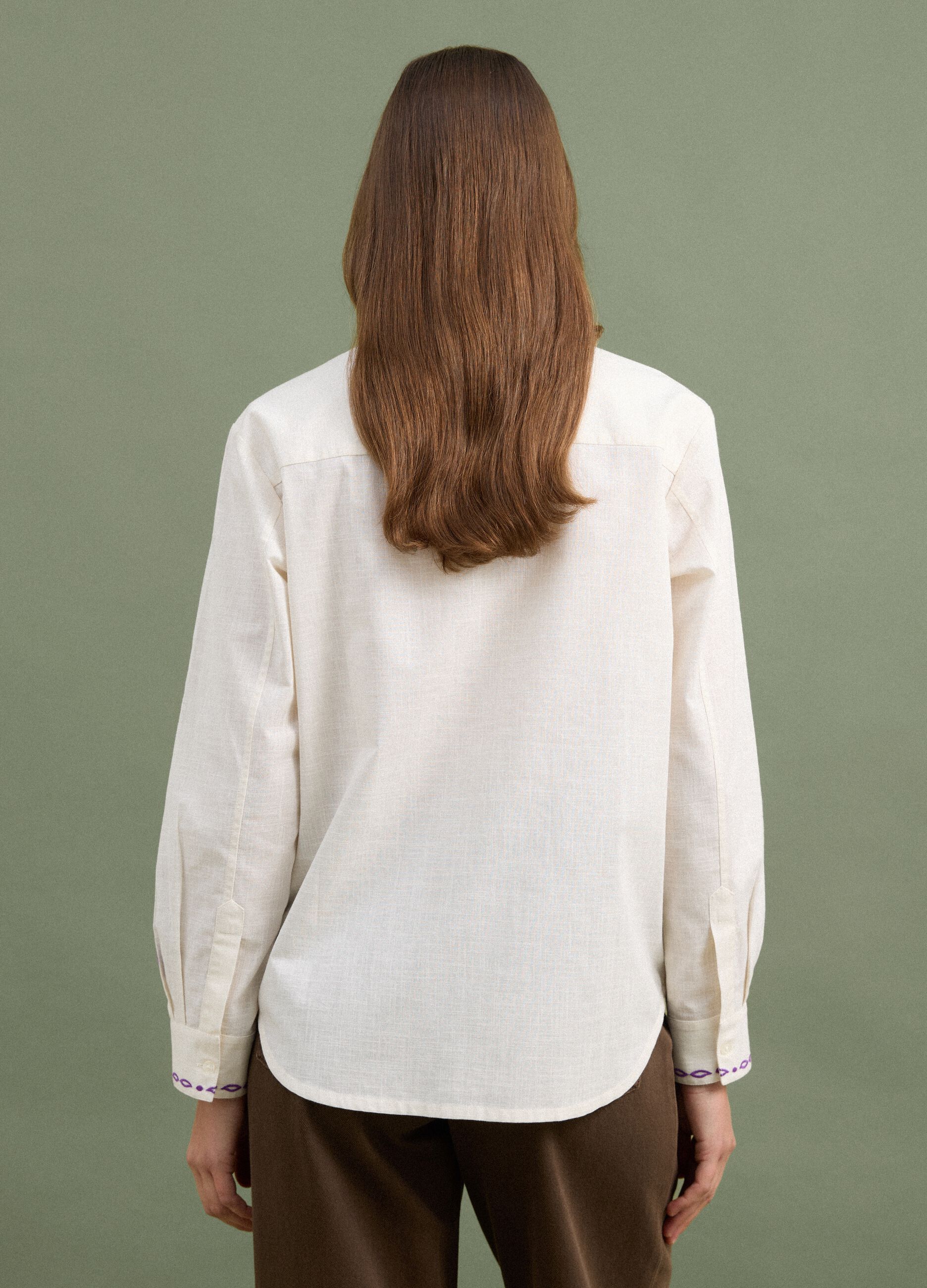 White pure cotton oversized shirt with purple embroidery