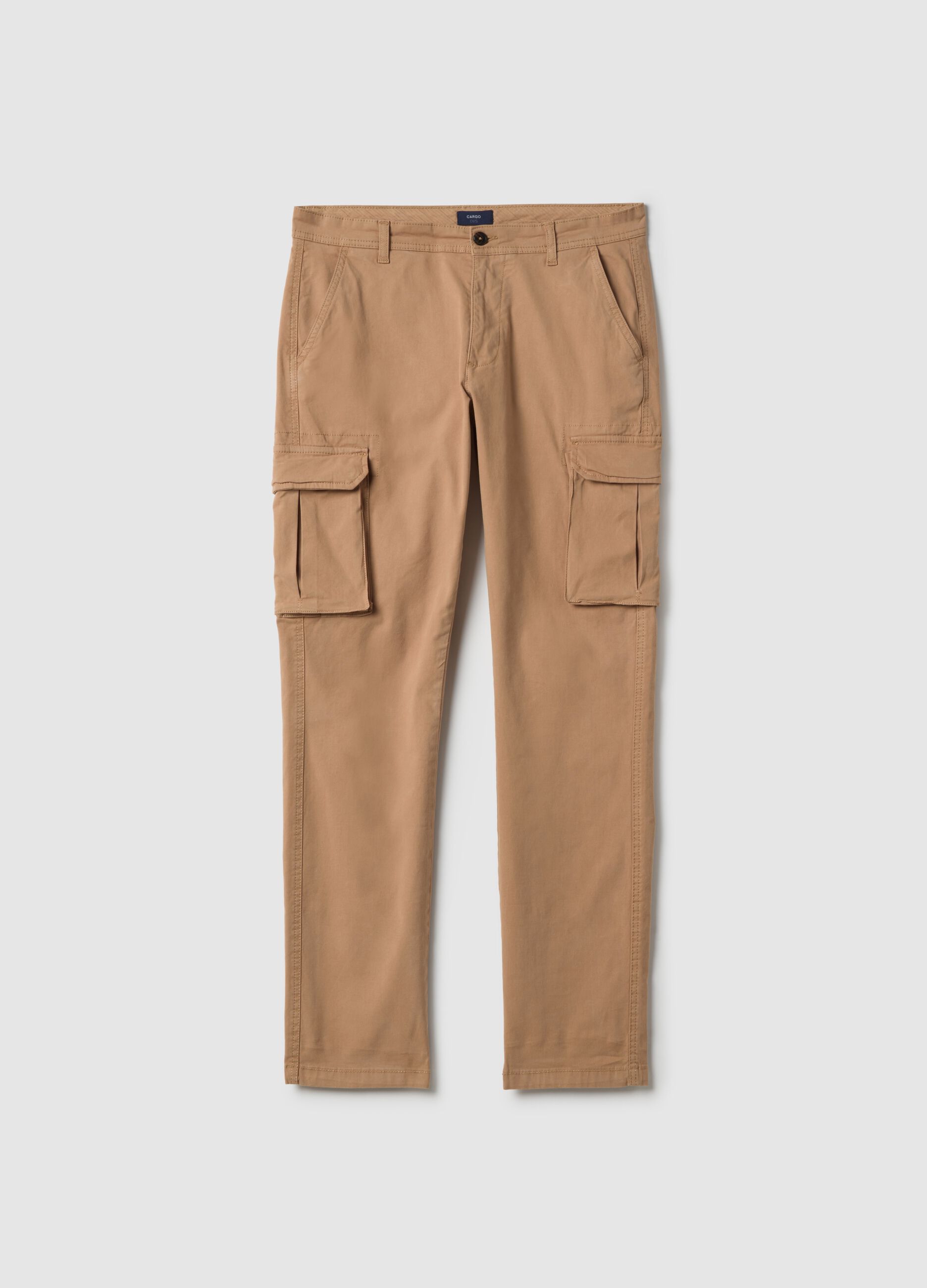 Beige stretch cotton slim fit cargo trousers