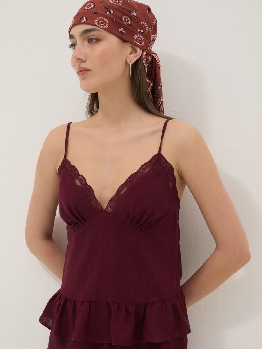 Burgundy viscose-linen blend lace top, regular fit_1