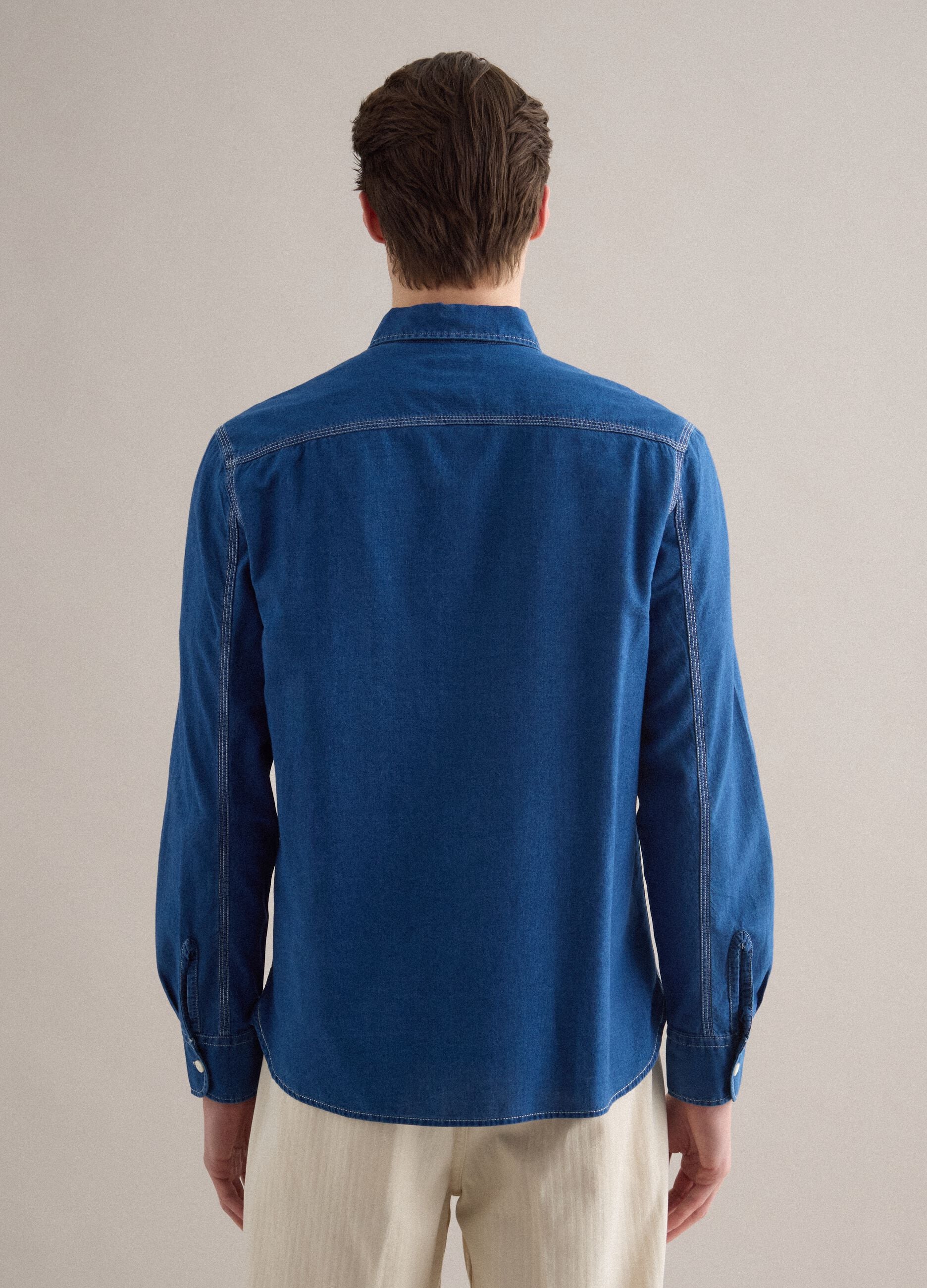 Blue denim pure cotton shirt regular fit with pockets