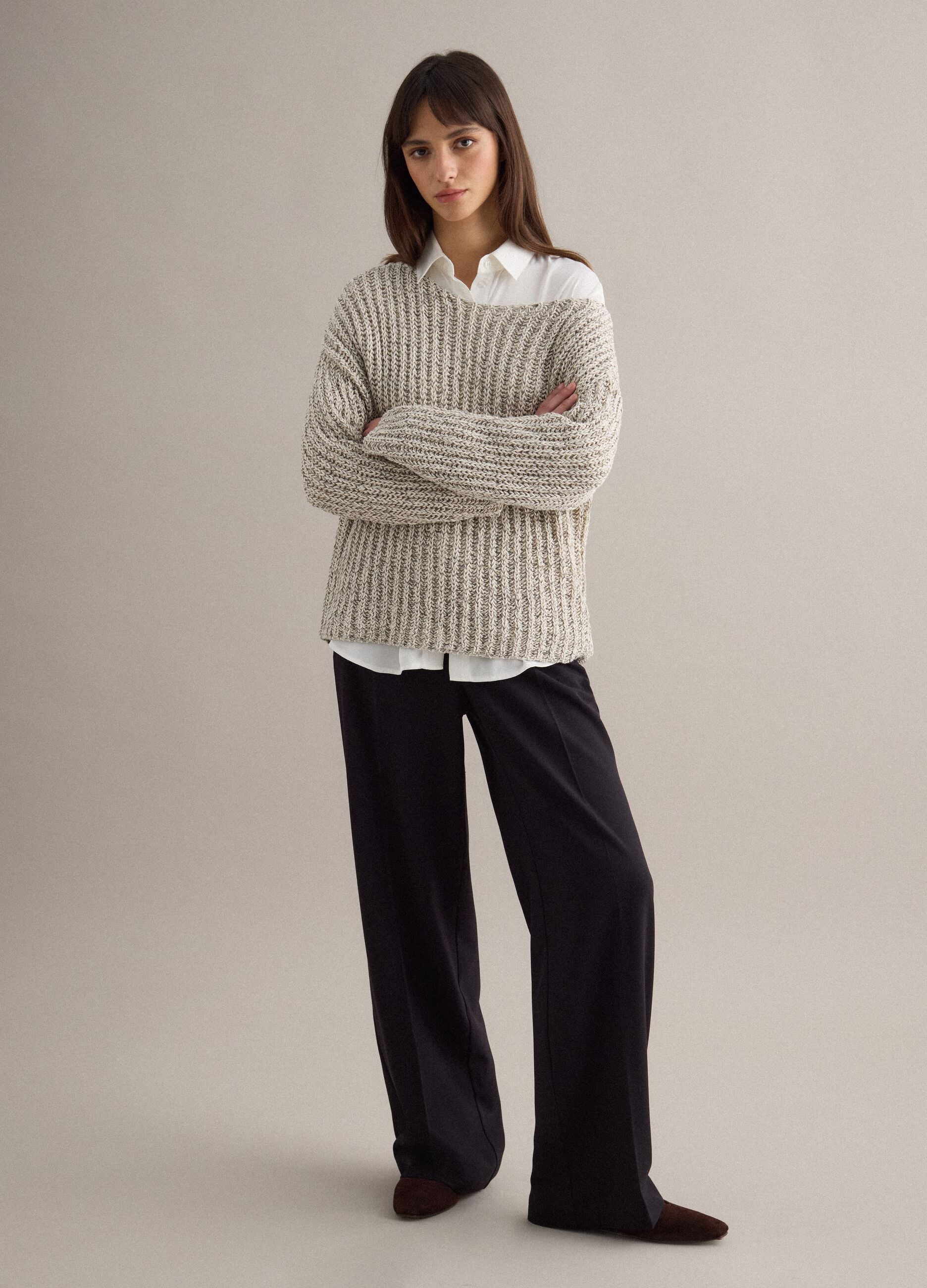 Beige cotton blend regular fit woven jumper with boat neck