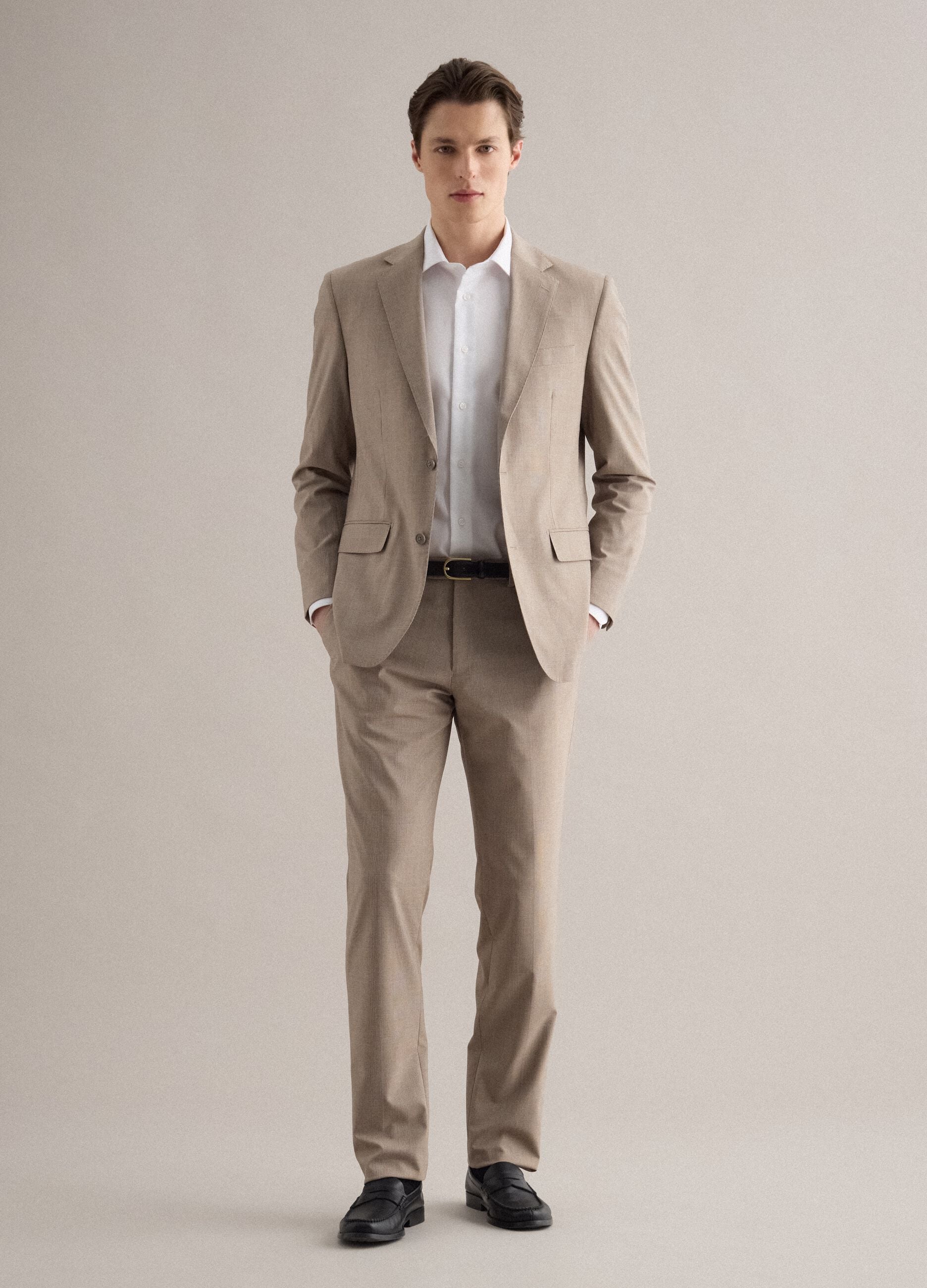 Slim fit beige check cotton blend jacket with lapel
