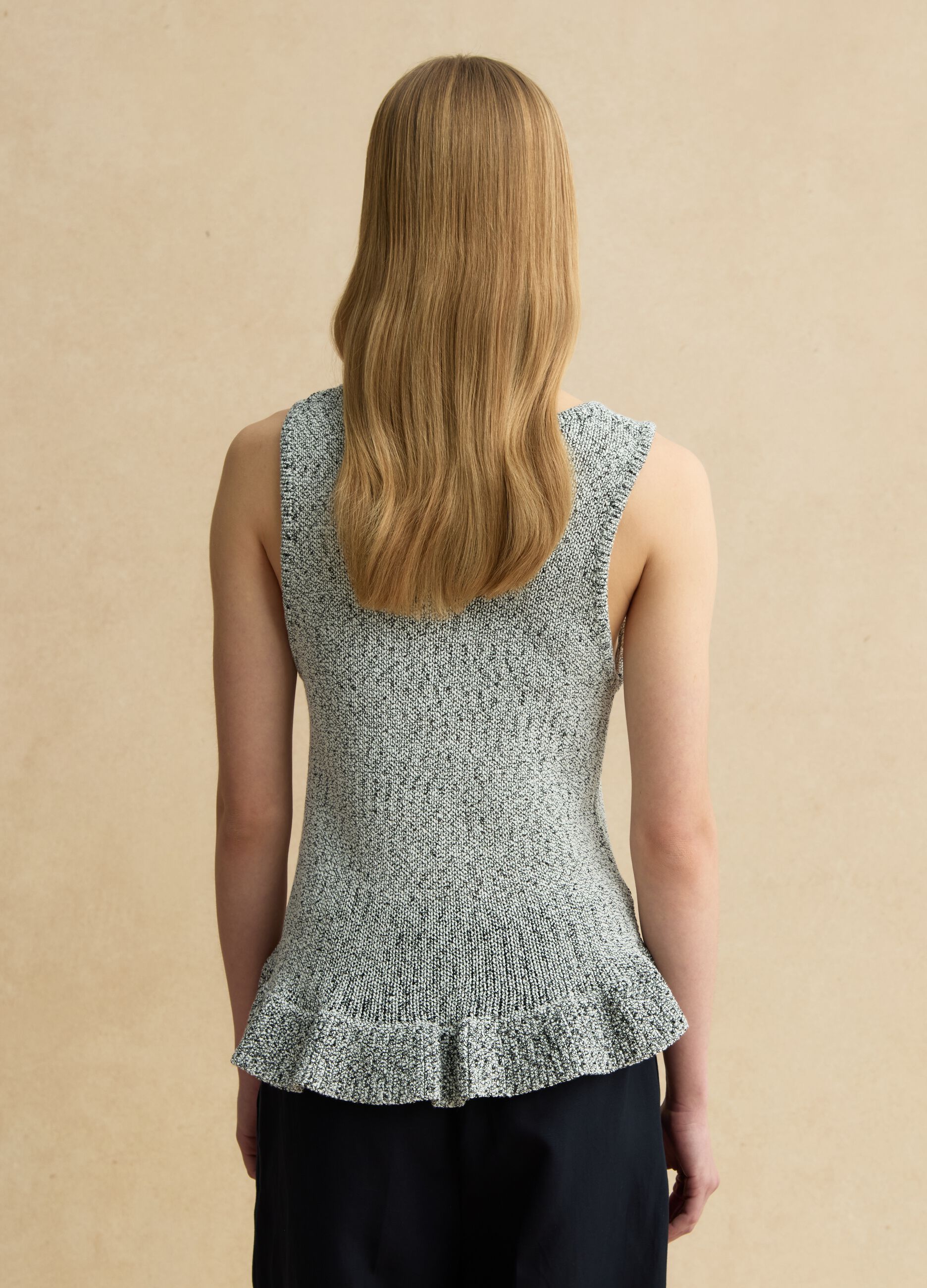 Black and White Regular Fit Knit Top with Frill