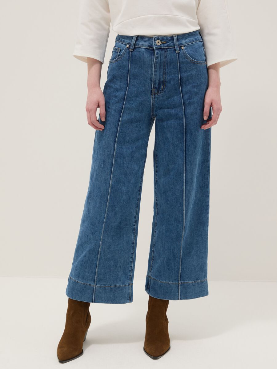 Regular fit blue stretch denim cotton blend trousers_1