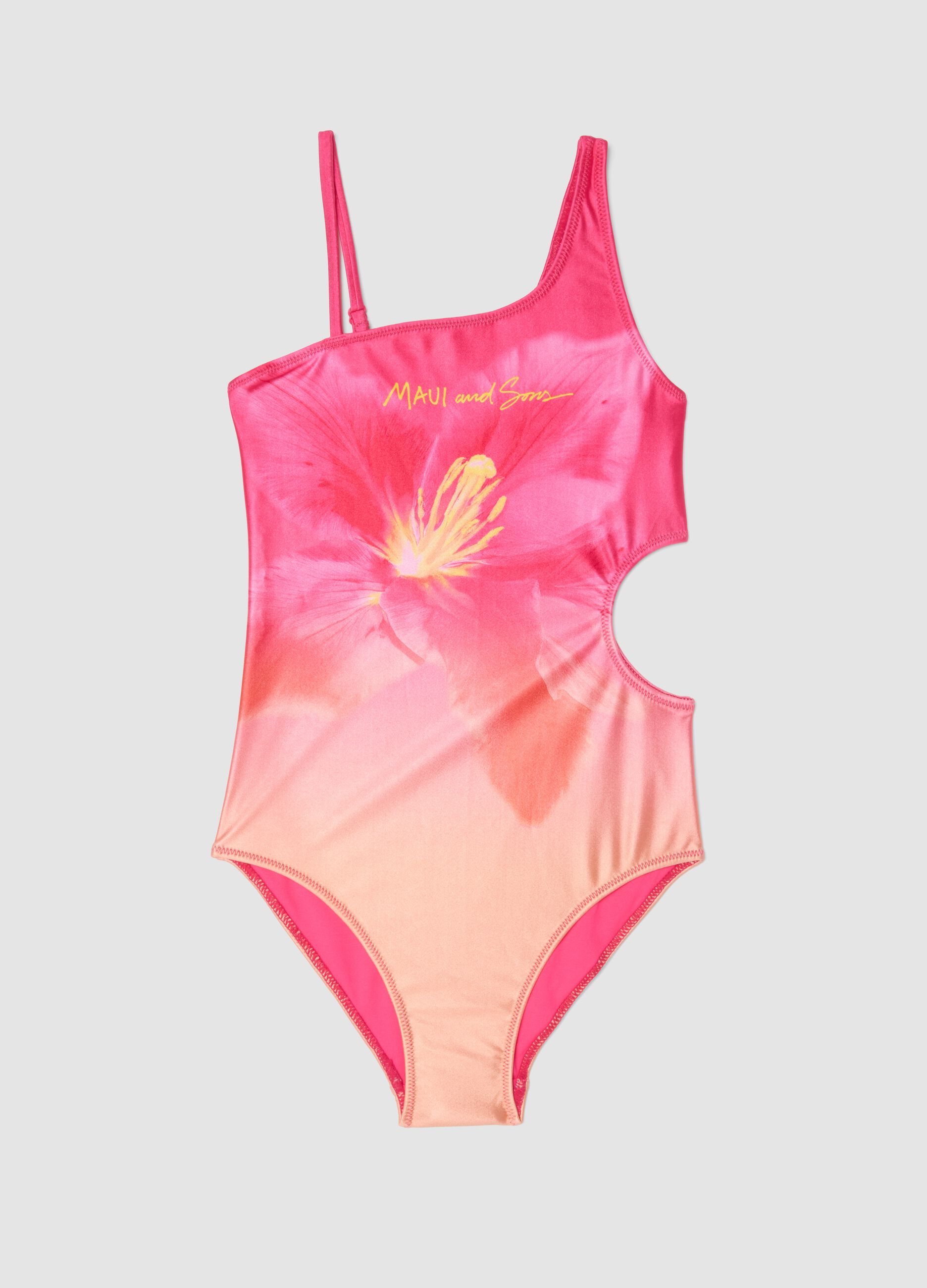 Girls&rsquo; pink floral one-piece swimsuit in stretch fabric
