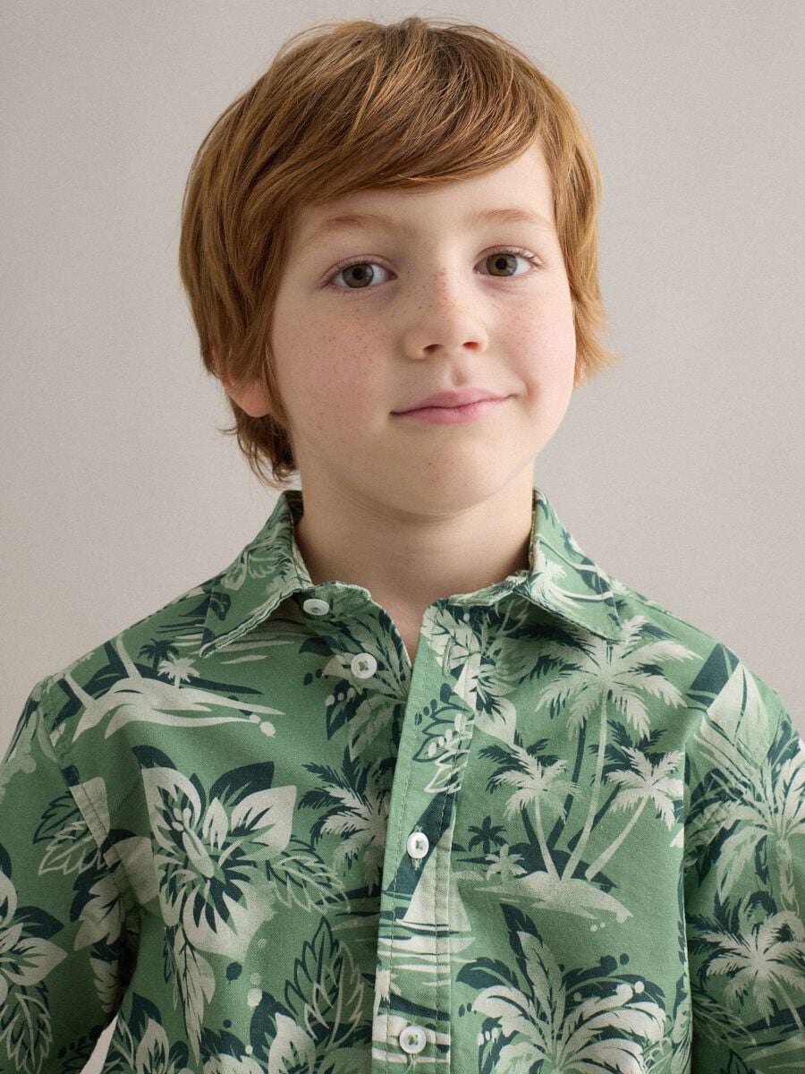 Green pure cotton shirt with tropical print_2