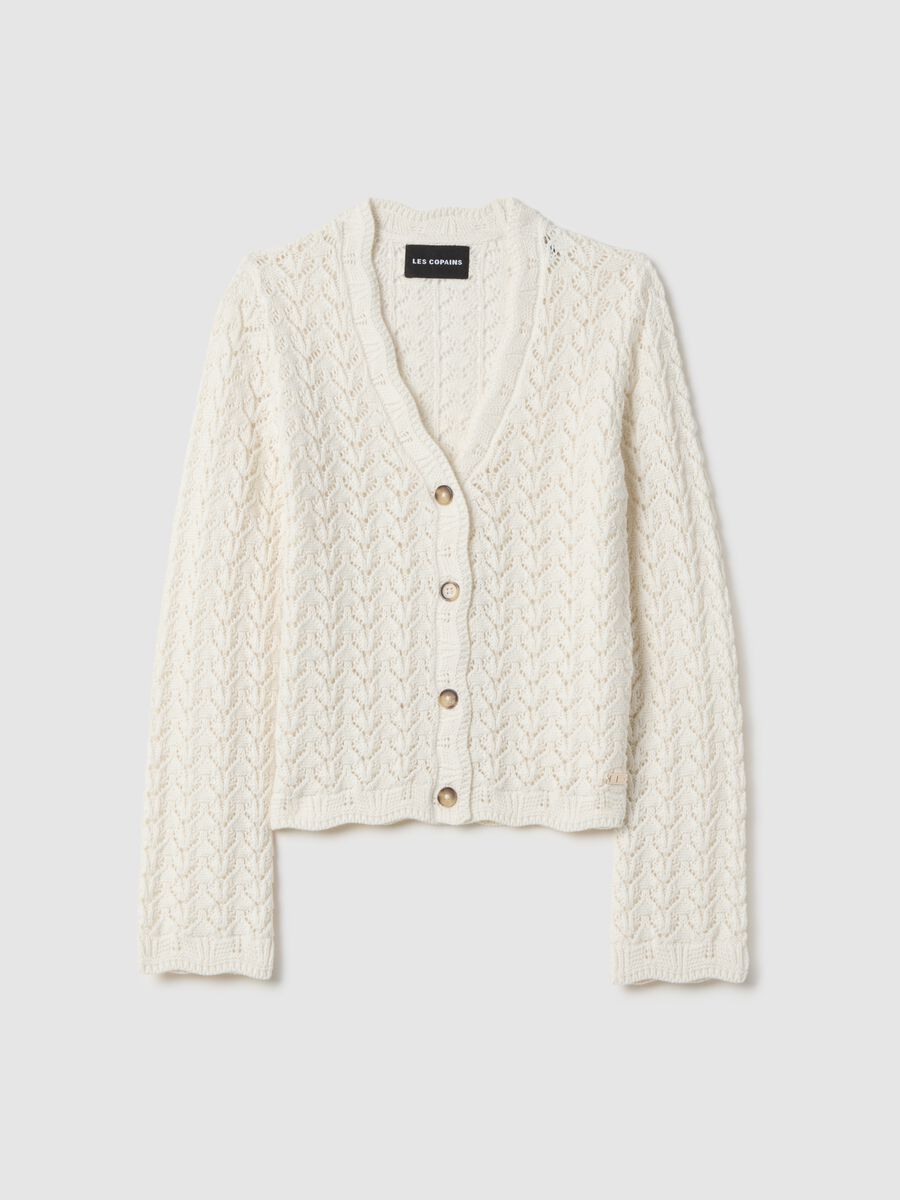 White pure cotton cardigan, regular fit deep V with openwork pattern_4