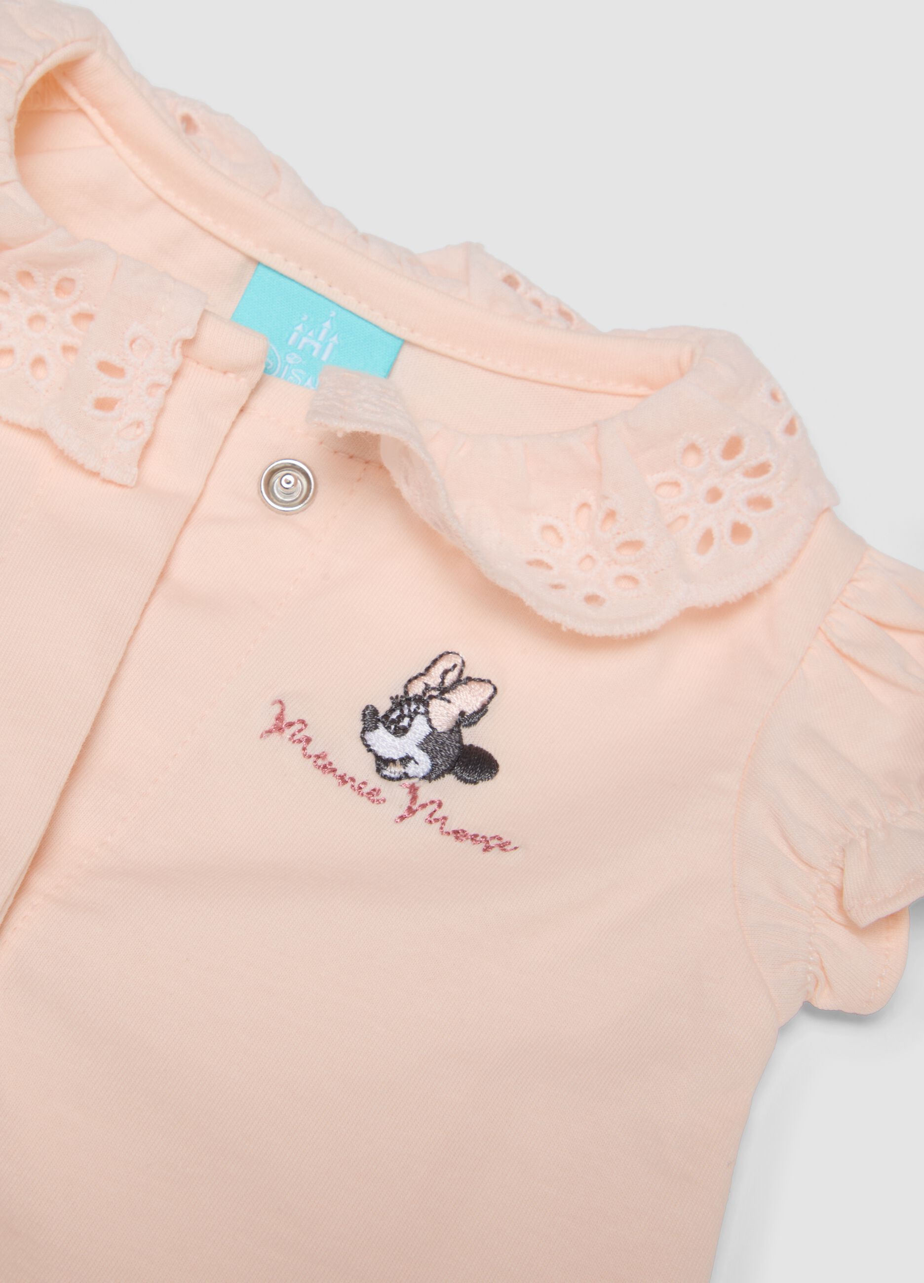 Pink pure-cotton baby girl bodysuit with collar and Minnie embroidery