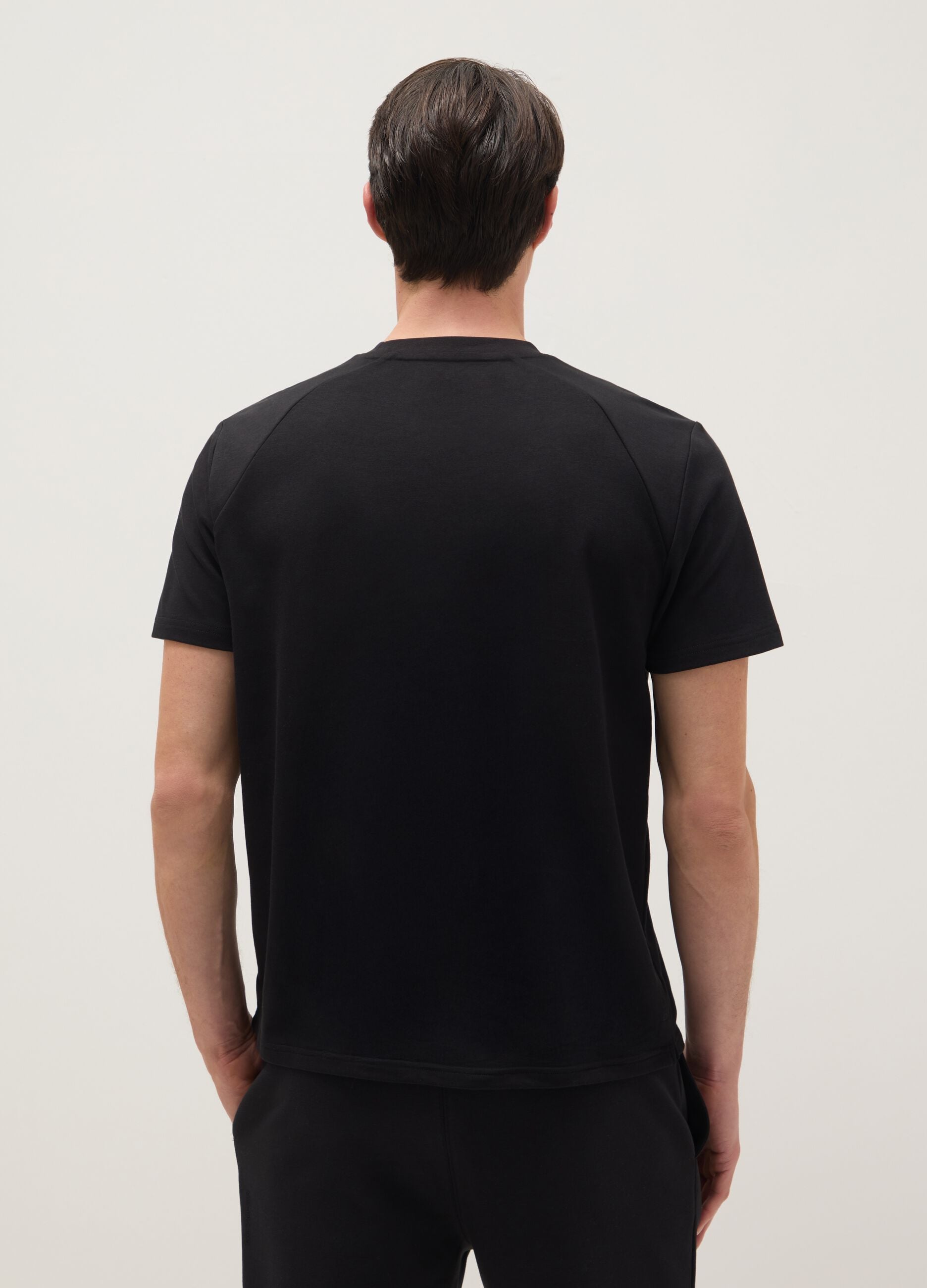 Regular fit black cotton blend crew neck T-shirt