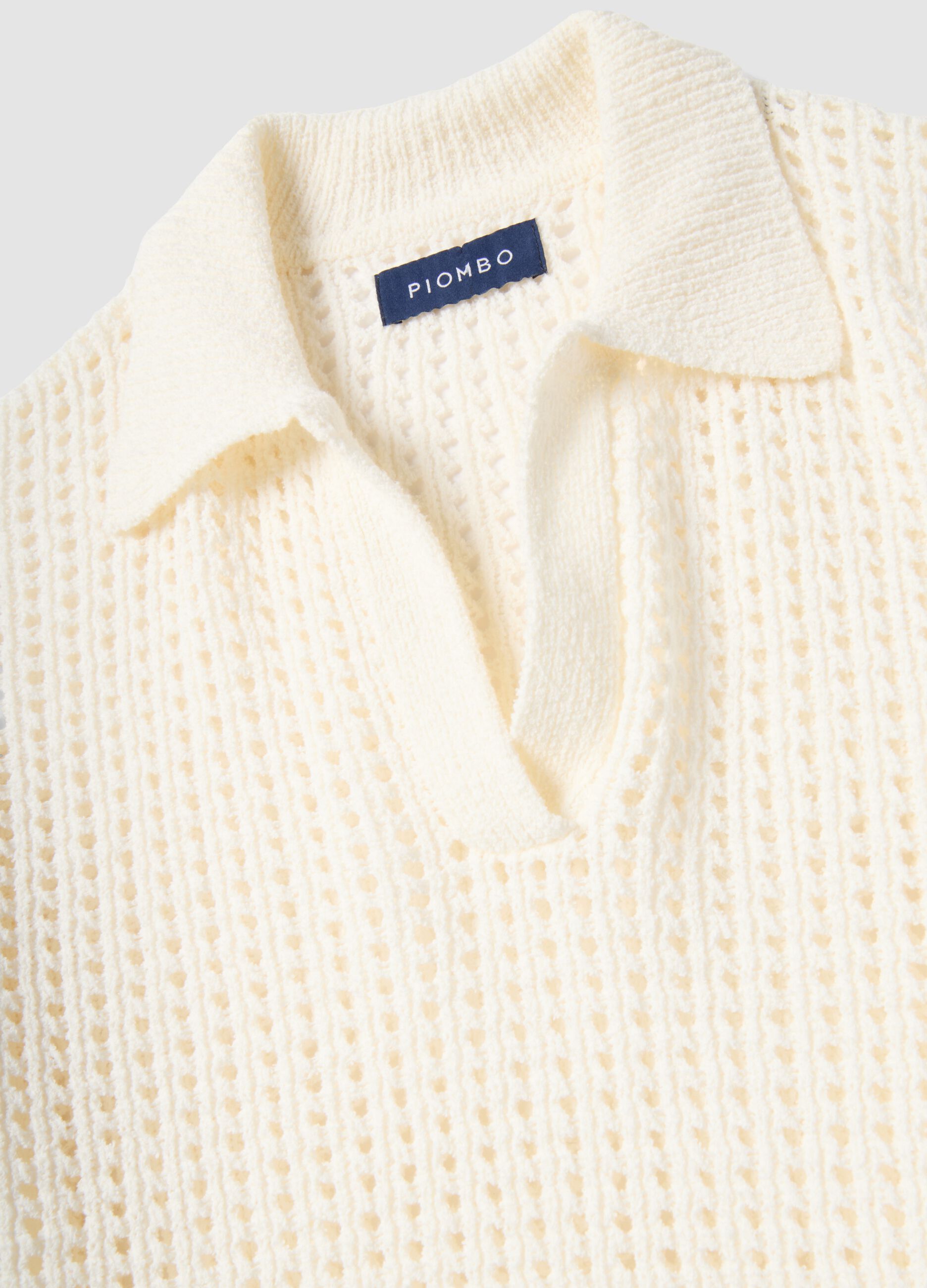 White cotton blend perforated polo collar shirt, regular fit