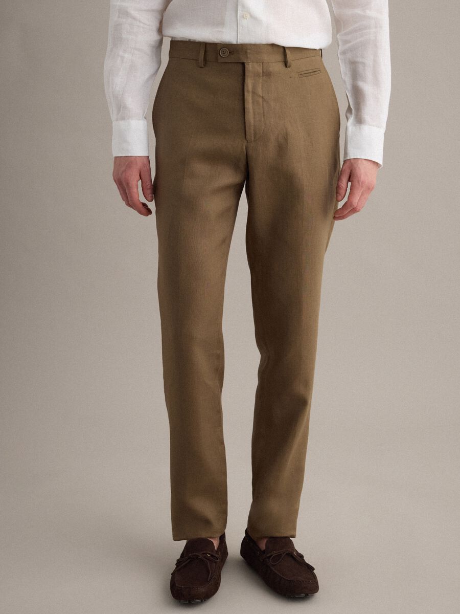 Pantaloni in puro lino marrone regular fit_2