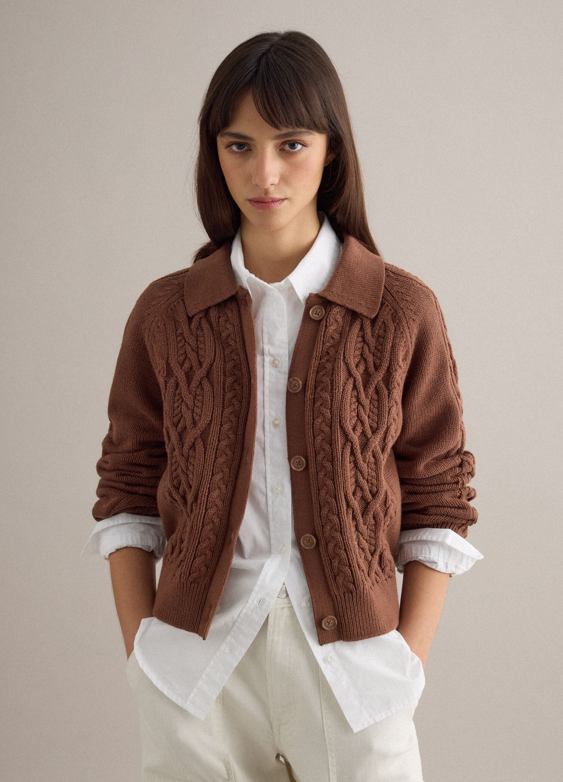 Regular fit brown pure cotton cardigan