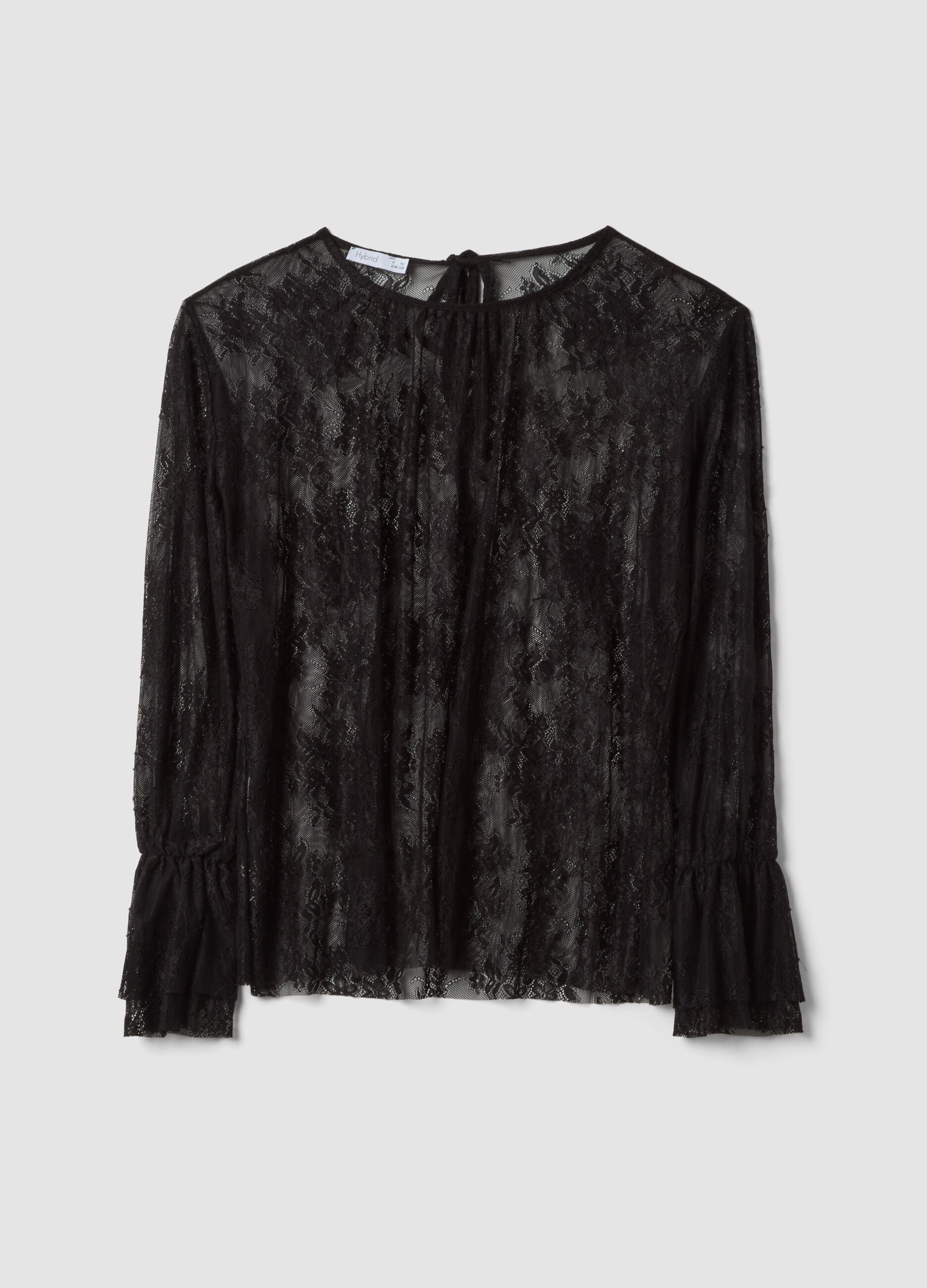 Black stretch blouse with sheer lace, regular fit