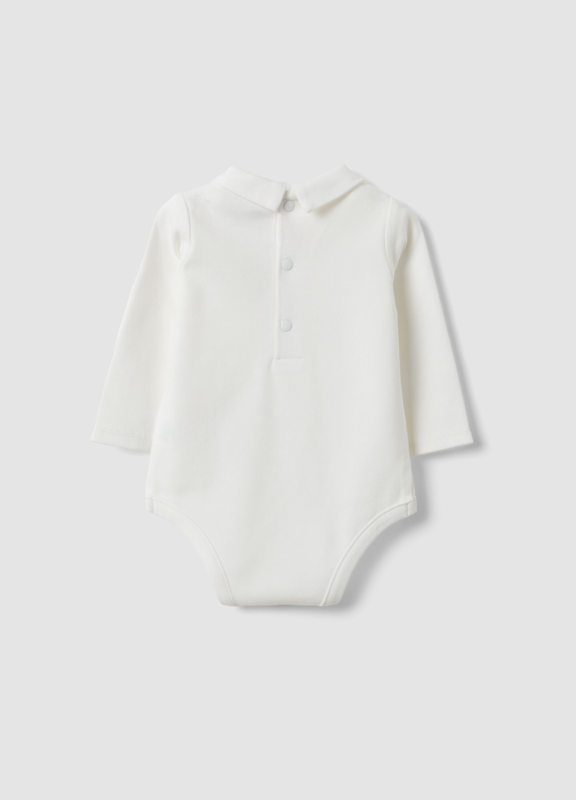 White organic cotton baby bodysuit with collar