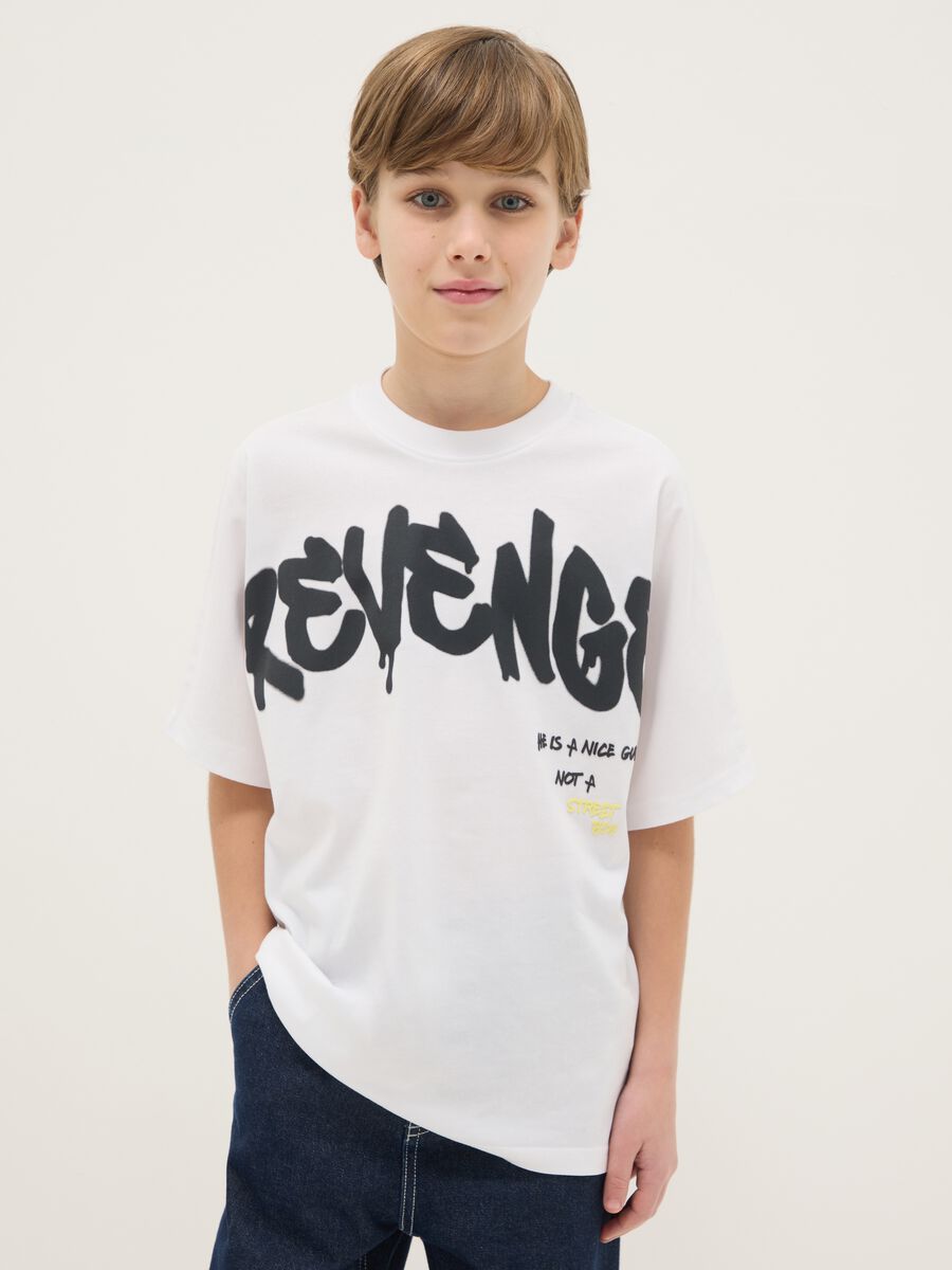 Boy's white pure cotton over fit T-shirt with print_0