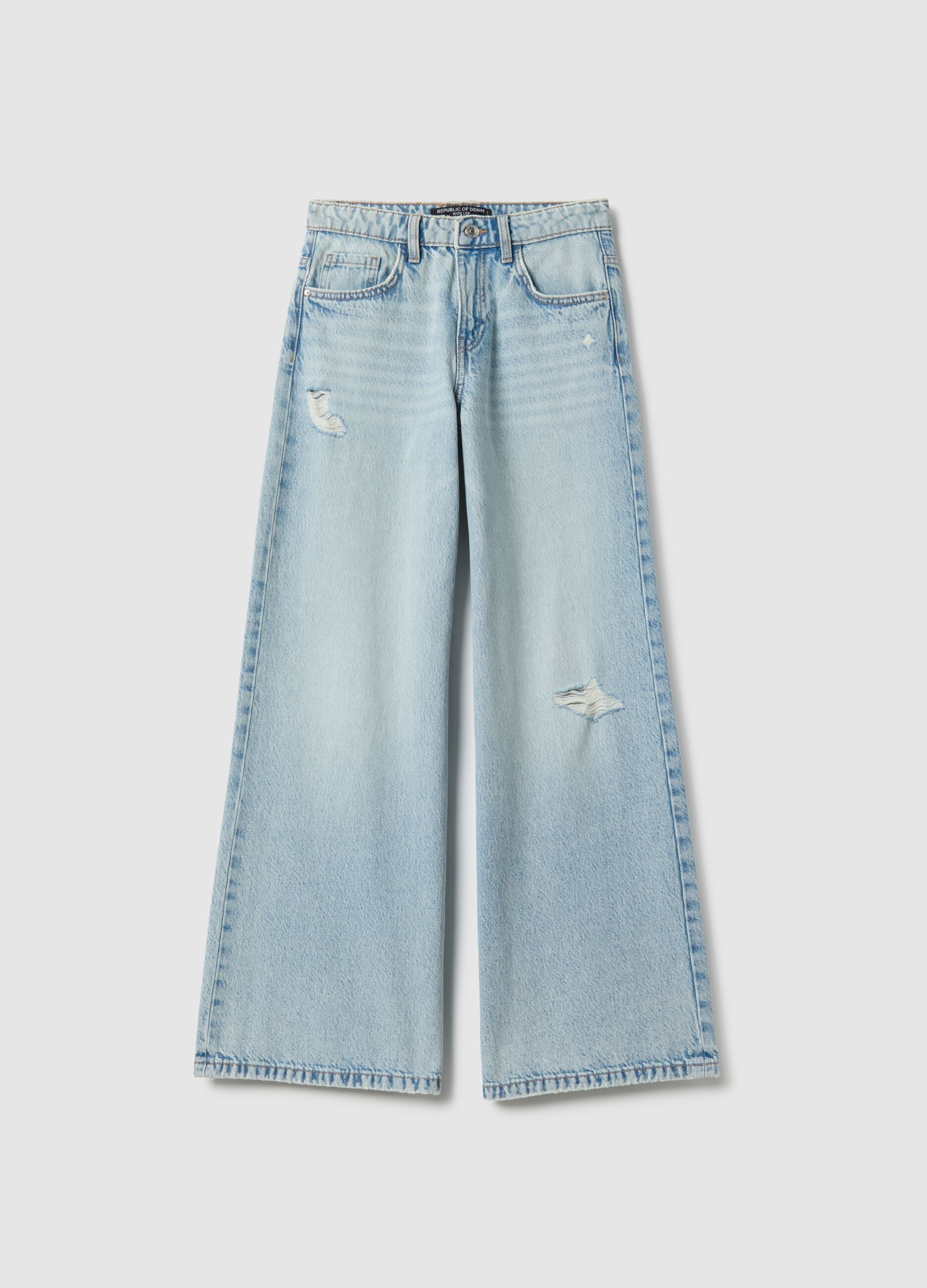 Blue wide leg pure cotton jeans with rips