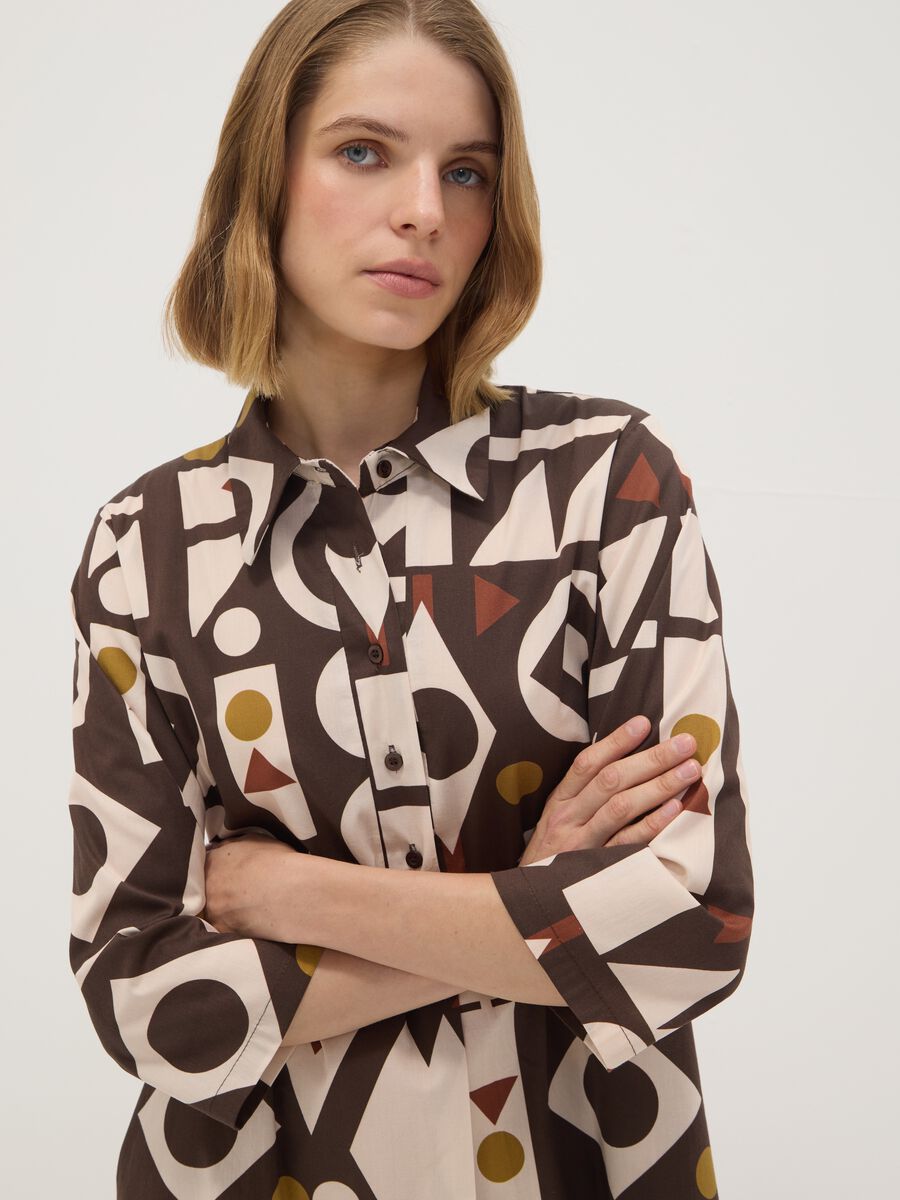 Brown stretch-cotton dress with geometric pattern, regular fit_2