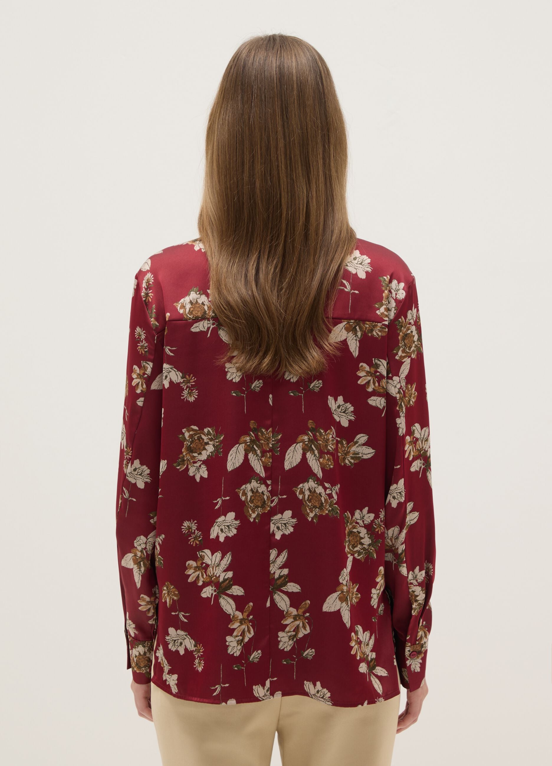 Long-sleeved multicolour regular fit satin shirt with floral design