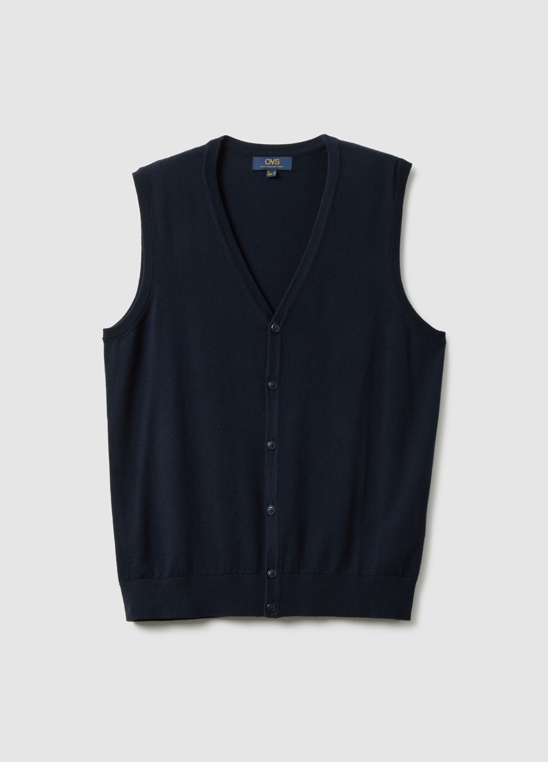 Regular fit deep V blue waistcoat in cotton blend with buttons