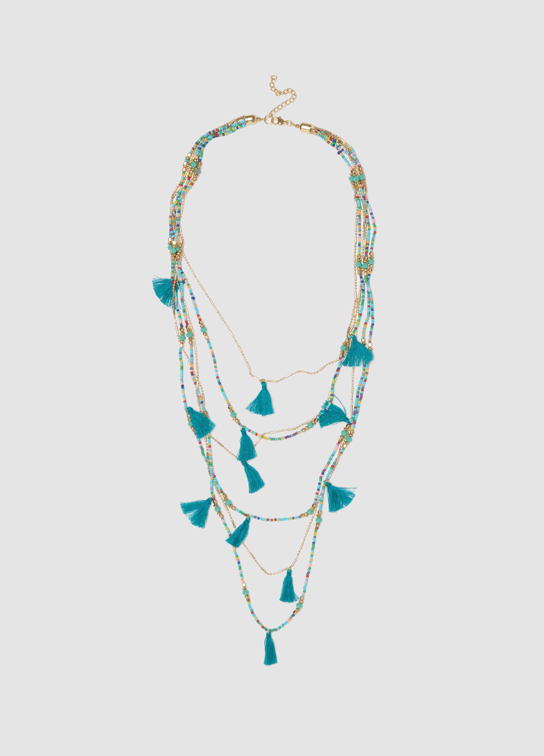 Multicolour necklace with light-blue tassels