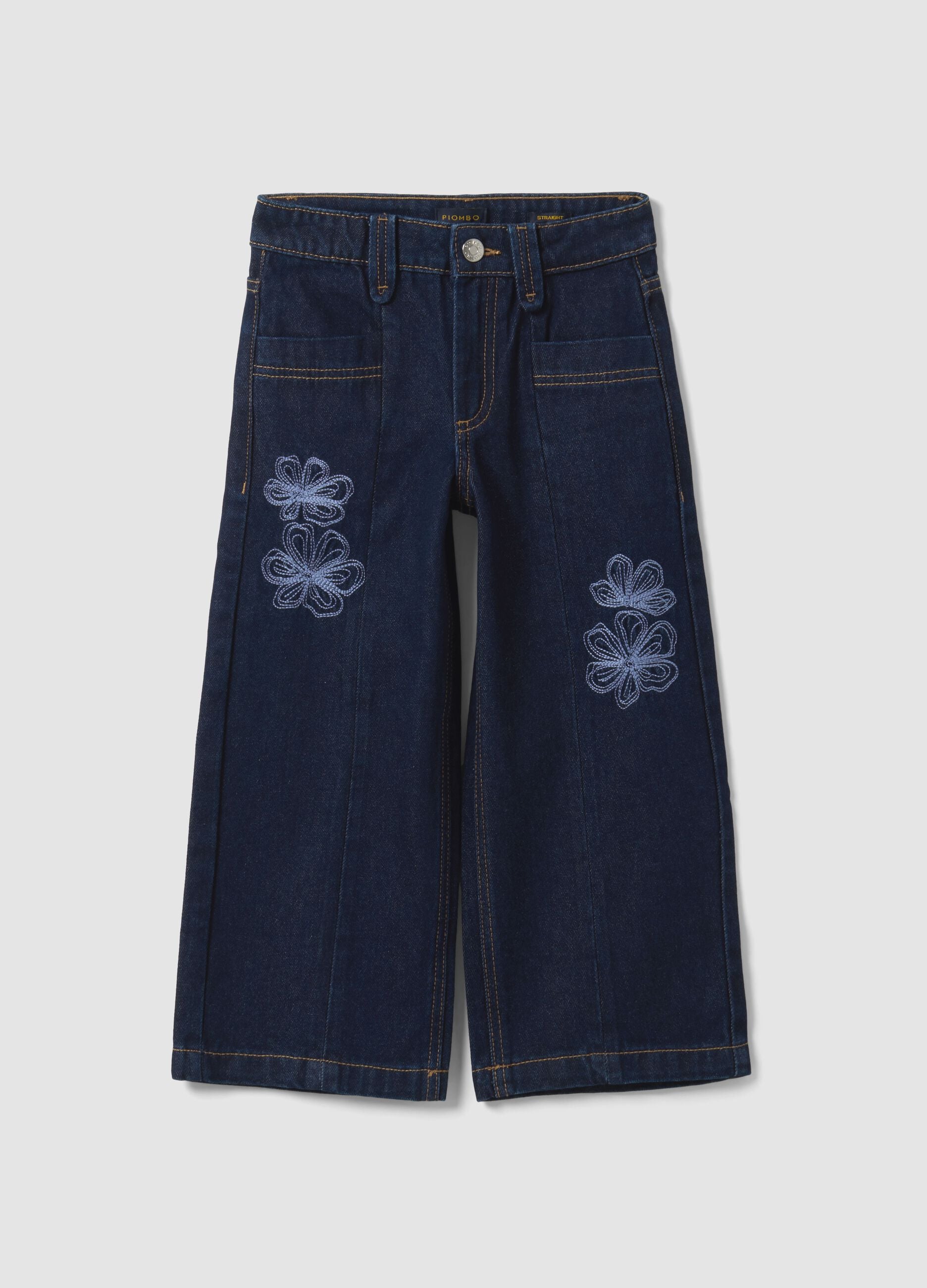Blue straight-leg pure cotton jeans with floral embroidery for girls