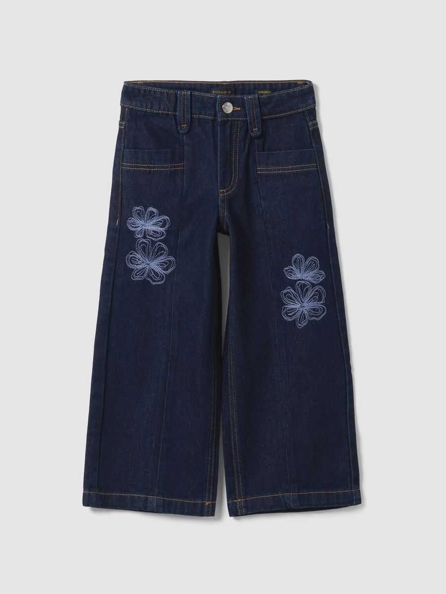 Blue straight-leg pure cotton jeans with floral embroidery for girls_3
