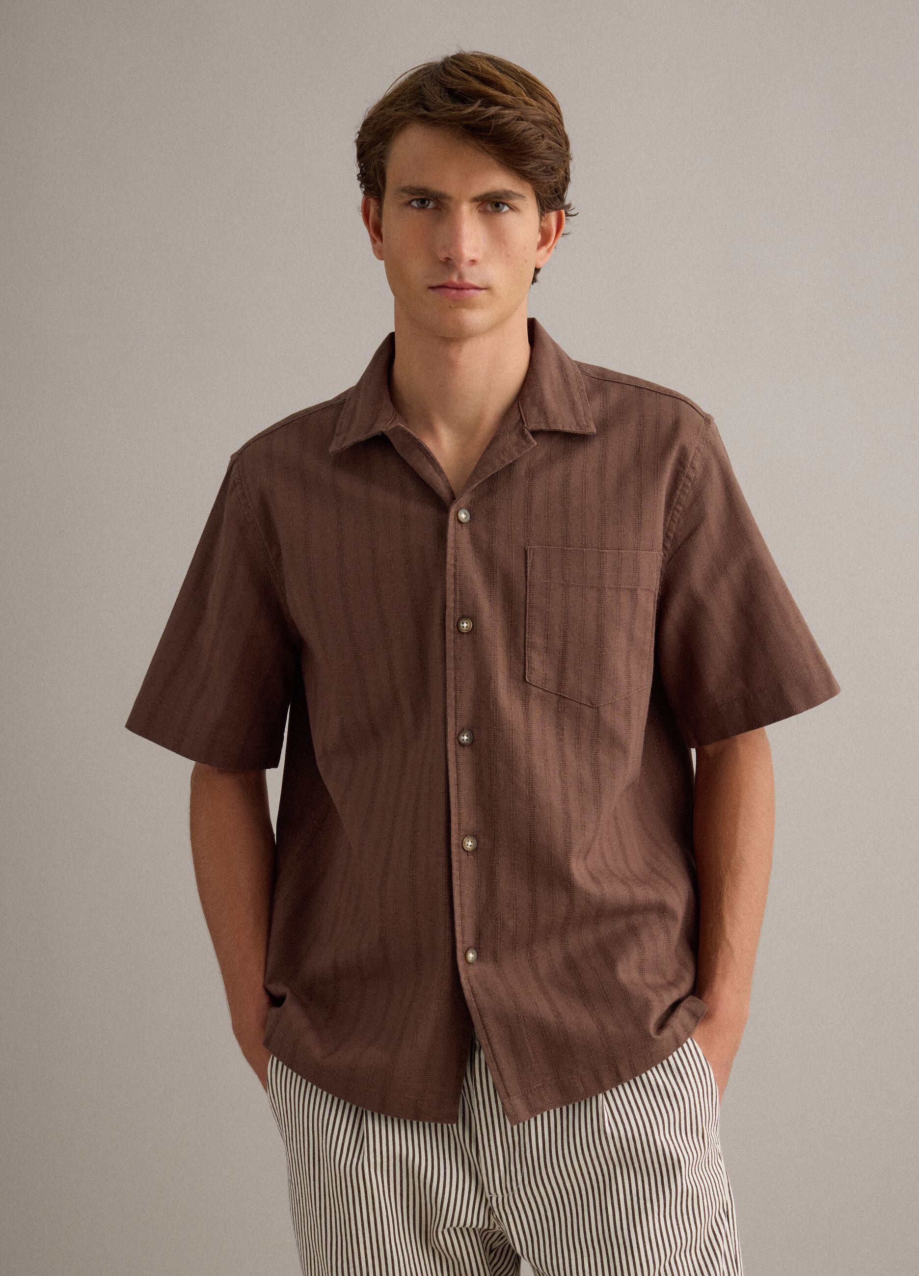 Brown pure cotton regular-fit striped shirt with chest pocket