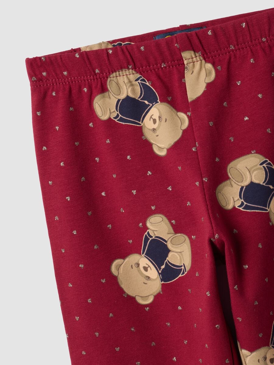 Leggings rossi in cotone organico elasticizzato con stampa orsetti per bambina_2