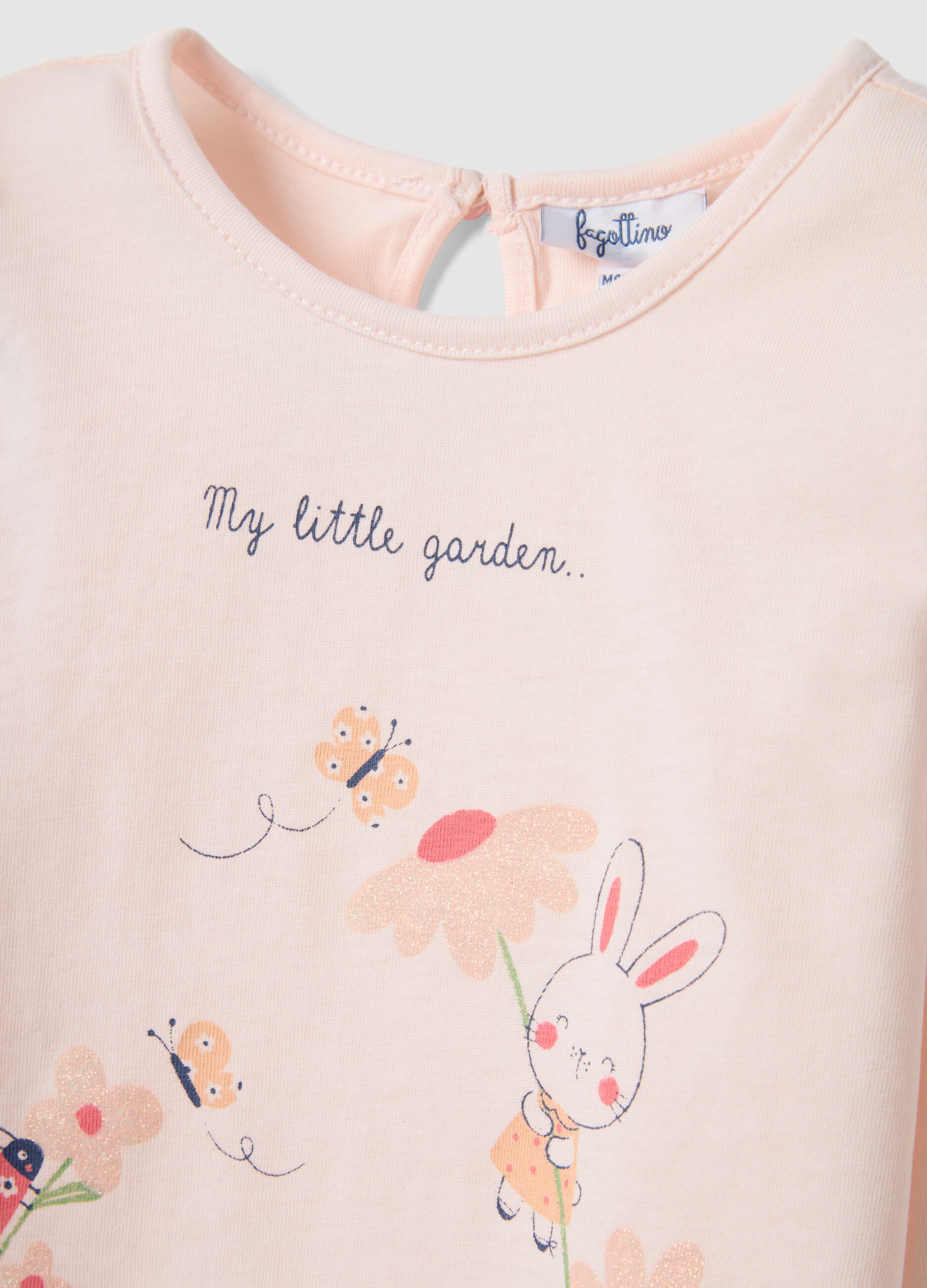 Long-sleeve pink cotton T-shirt for girls with prints