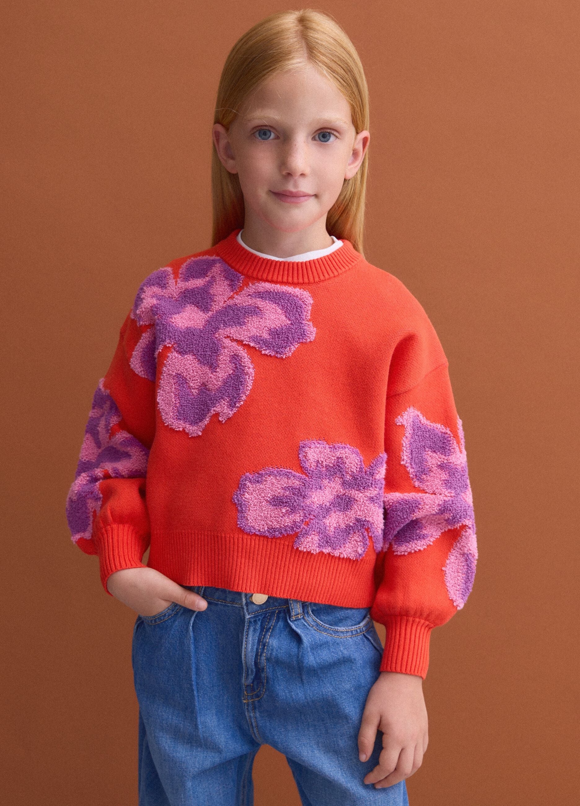 Red pure cotton crew-neck jumper with floral pattern for girls
