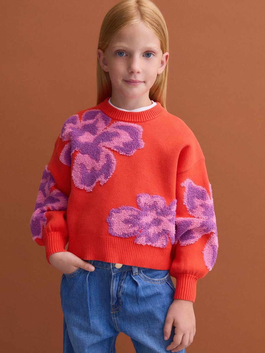 Red pure cotton crew-neck jumper with floral pattern for girls_0