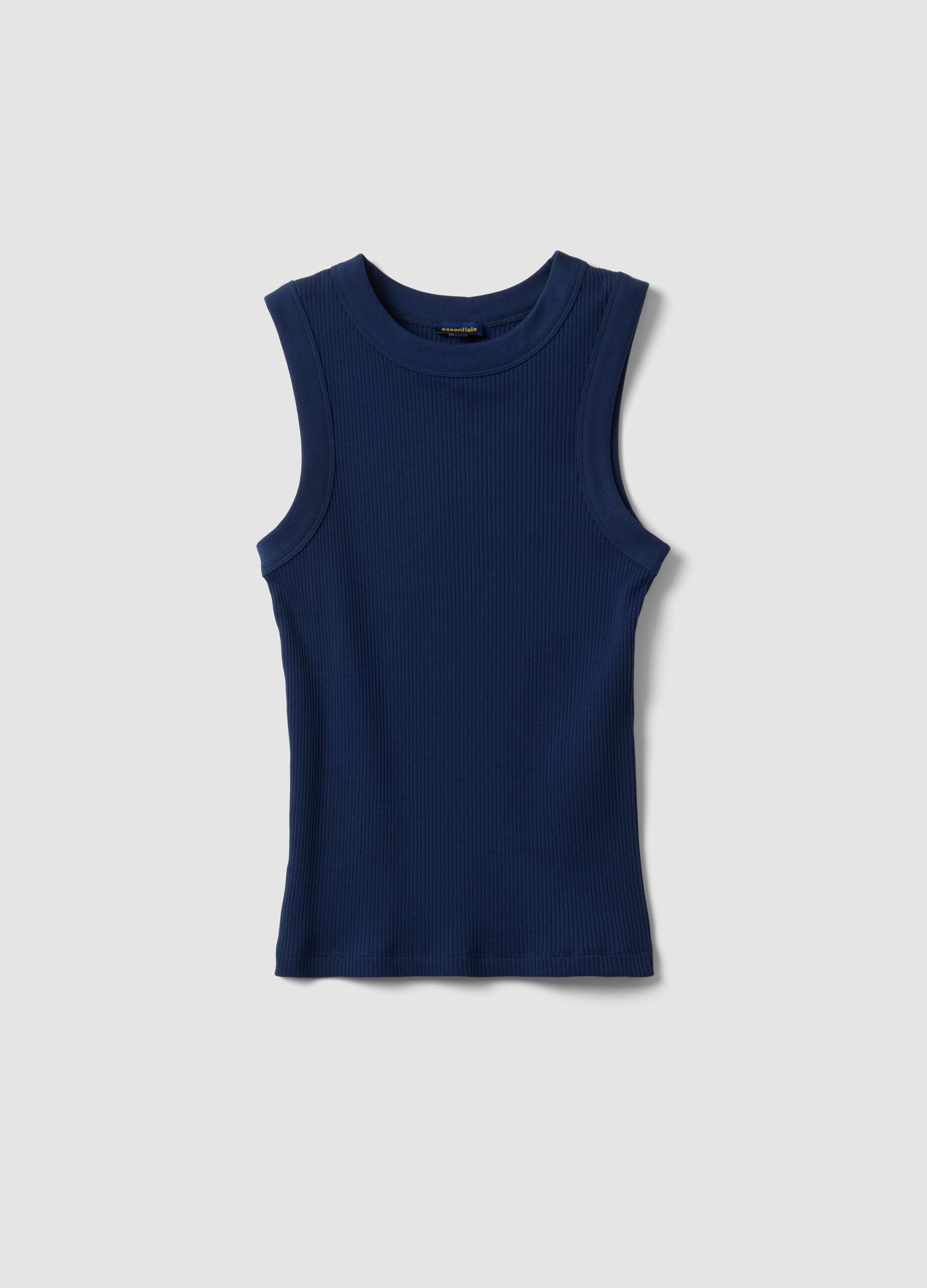 Blue fitted ribbed stretch-cotton tank top