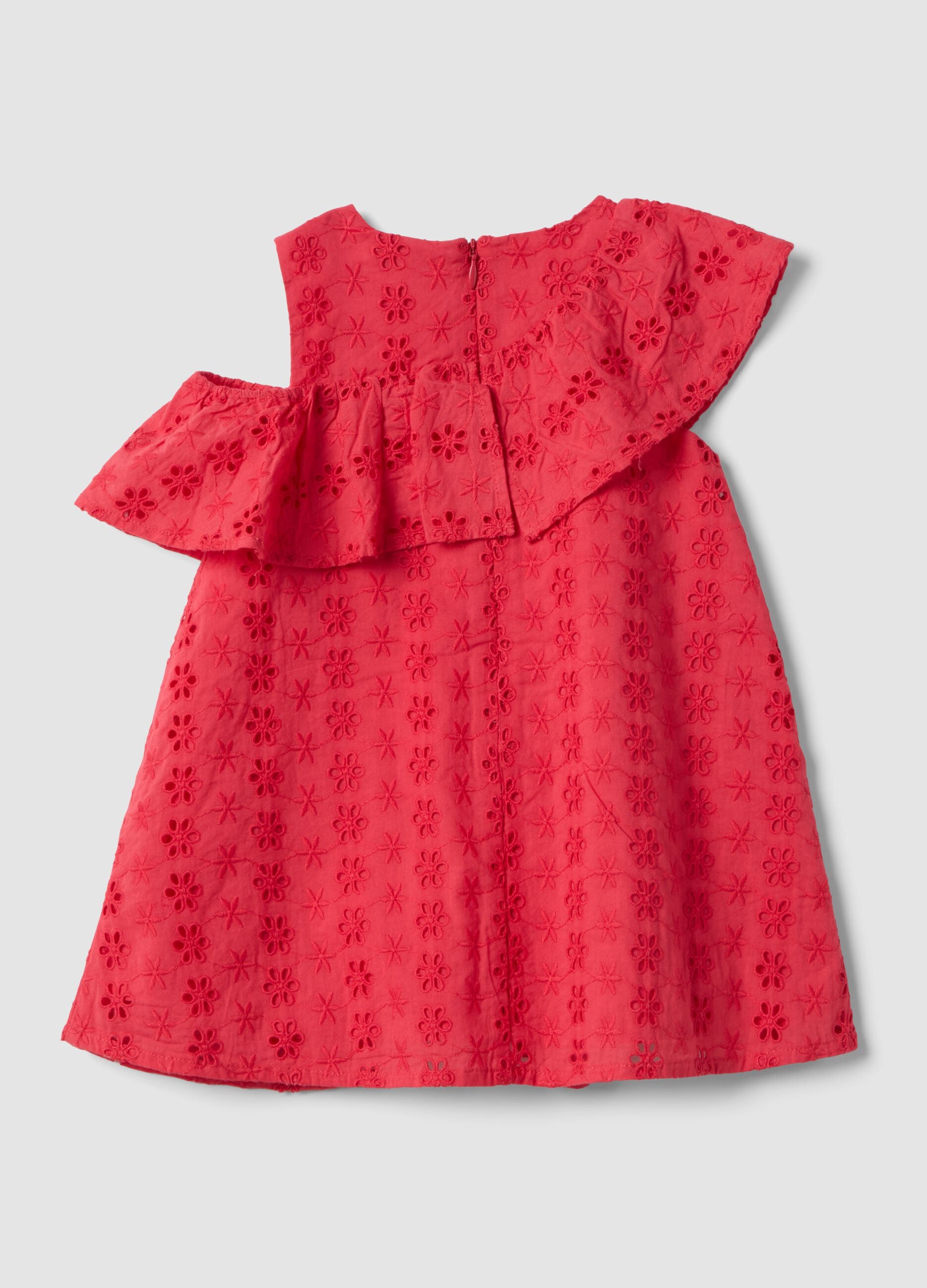 Girls' Relaxed Fit Red Cotton Dress with Embroidery