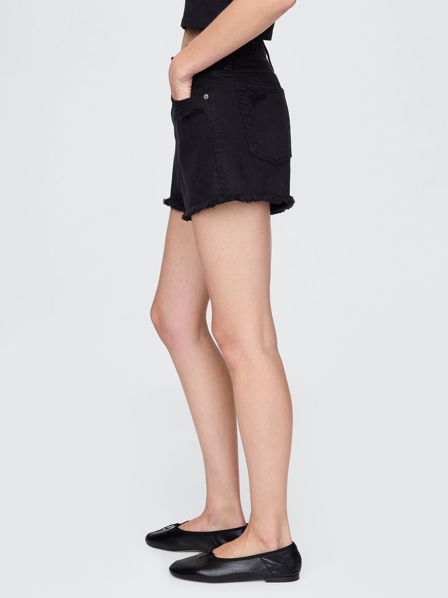 Black Denim Shorts with Frayed Hem_3