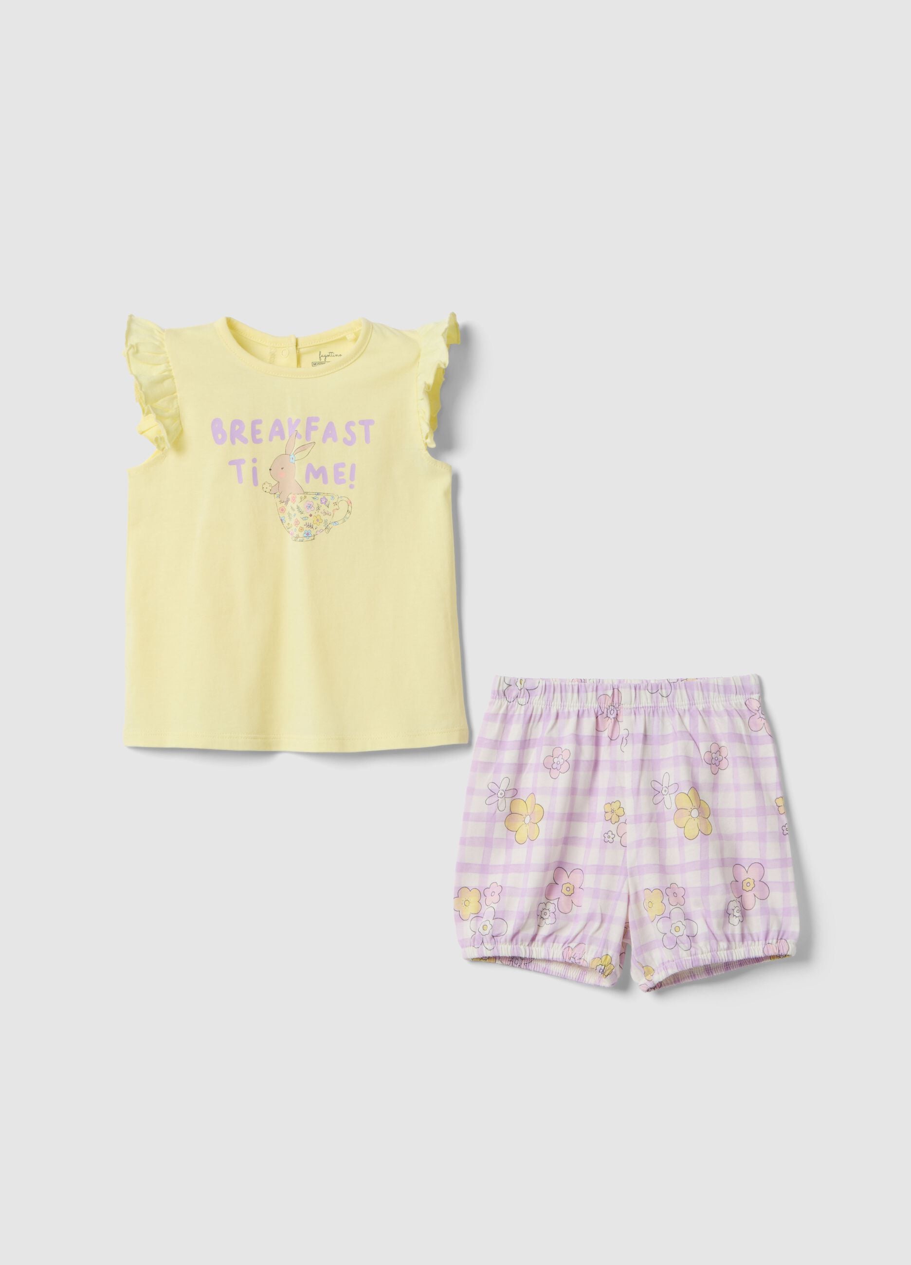 Multicoloured pure cotton baby pyjamas with ruffled sleeves