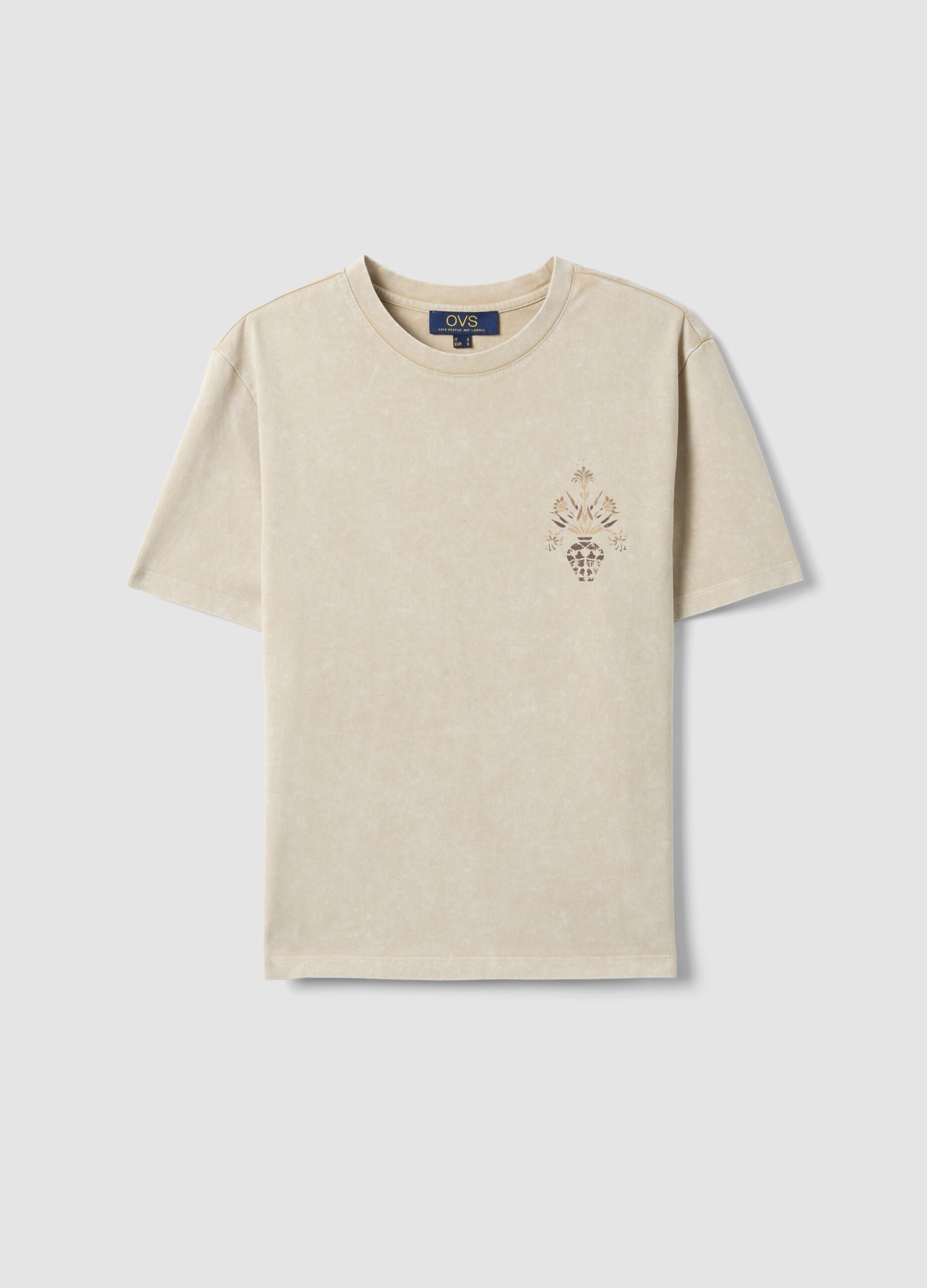 Beige pure cotton short-sleeve T-shirt, regular fit, with print