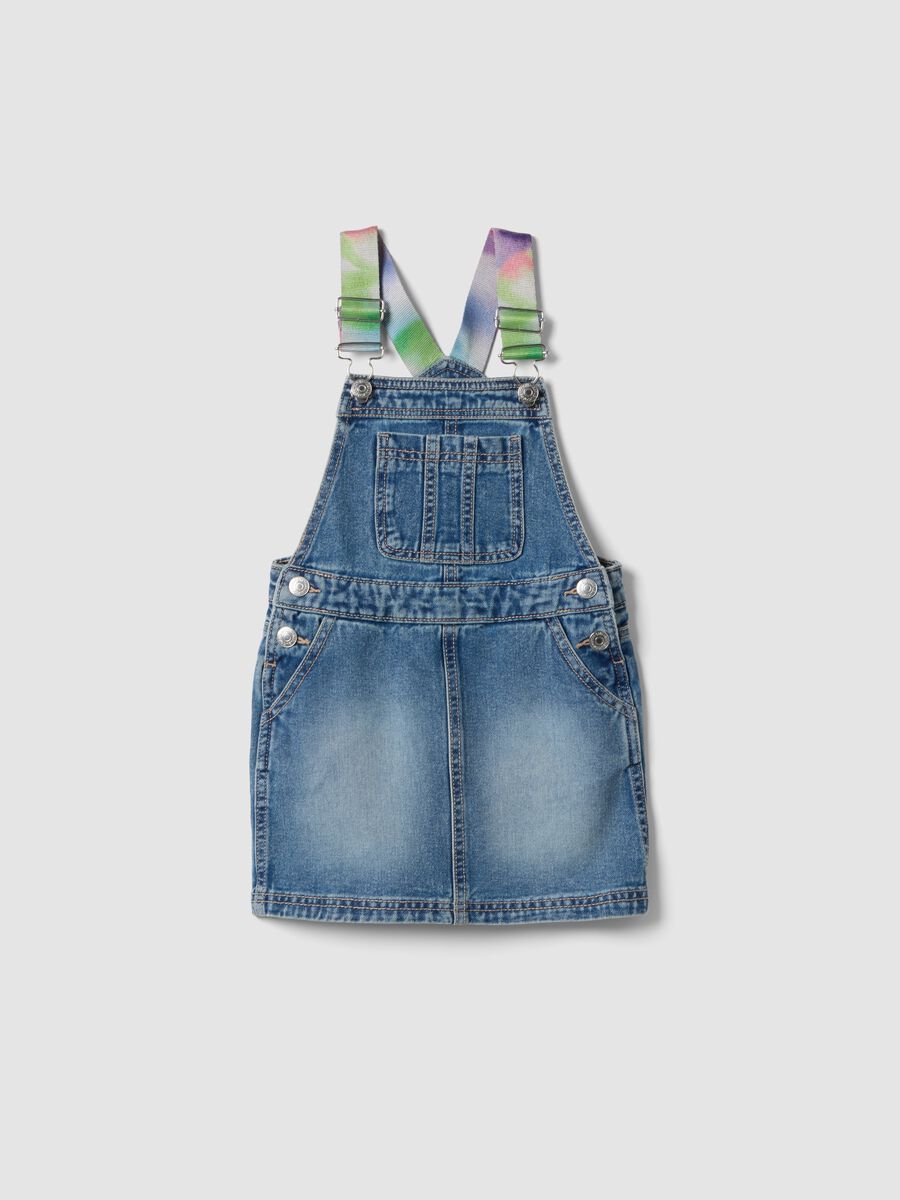 Girls&rsquo; blue denim dungarees in pure cotton with colourful braces_0