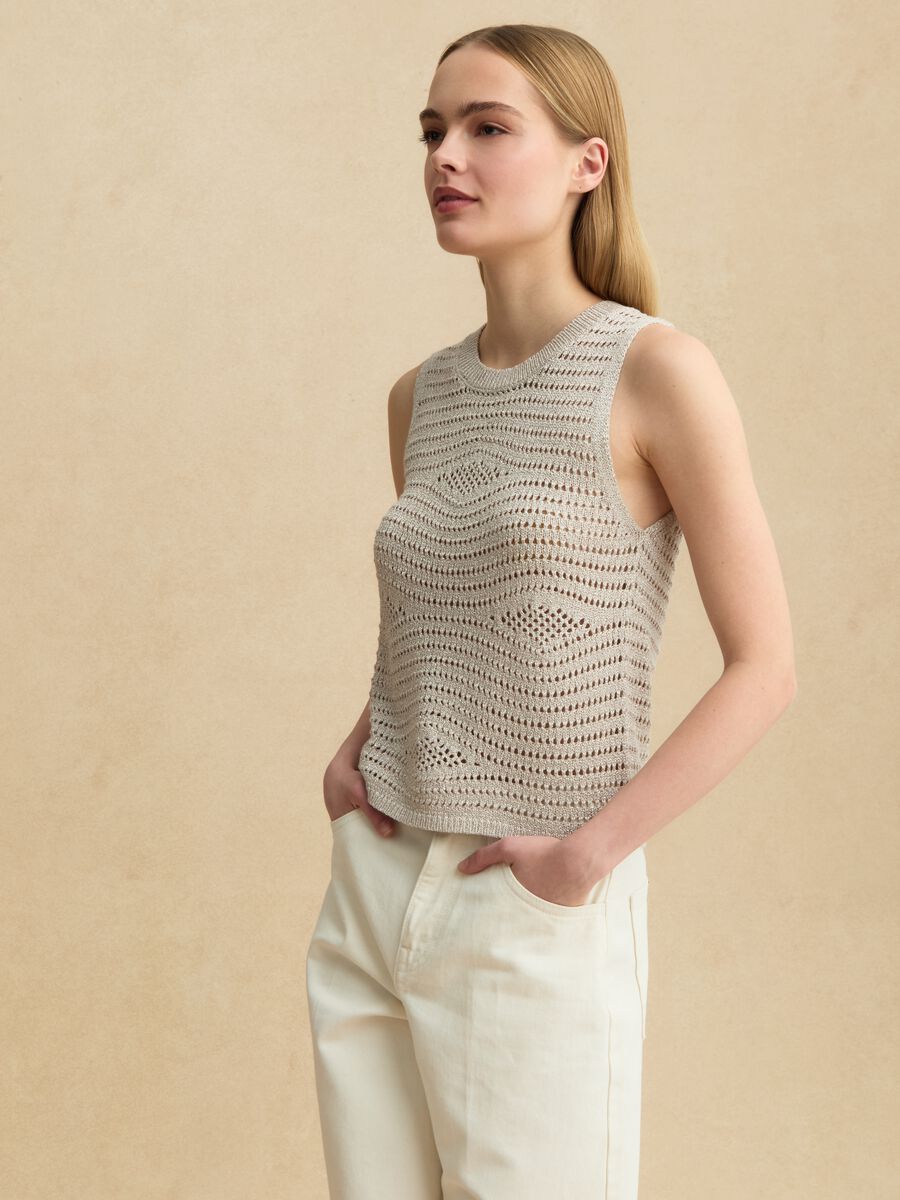 Beige open-knit viscose-blend vest top_0