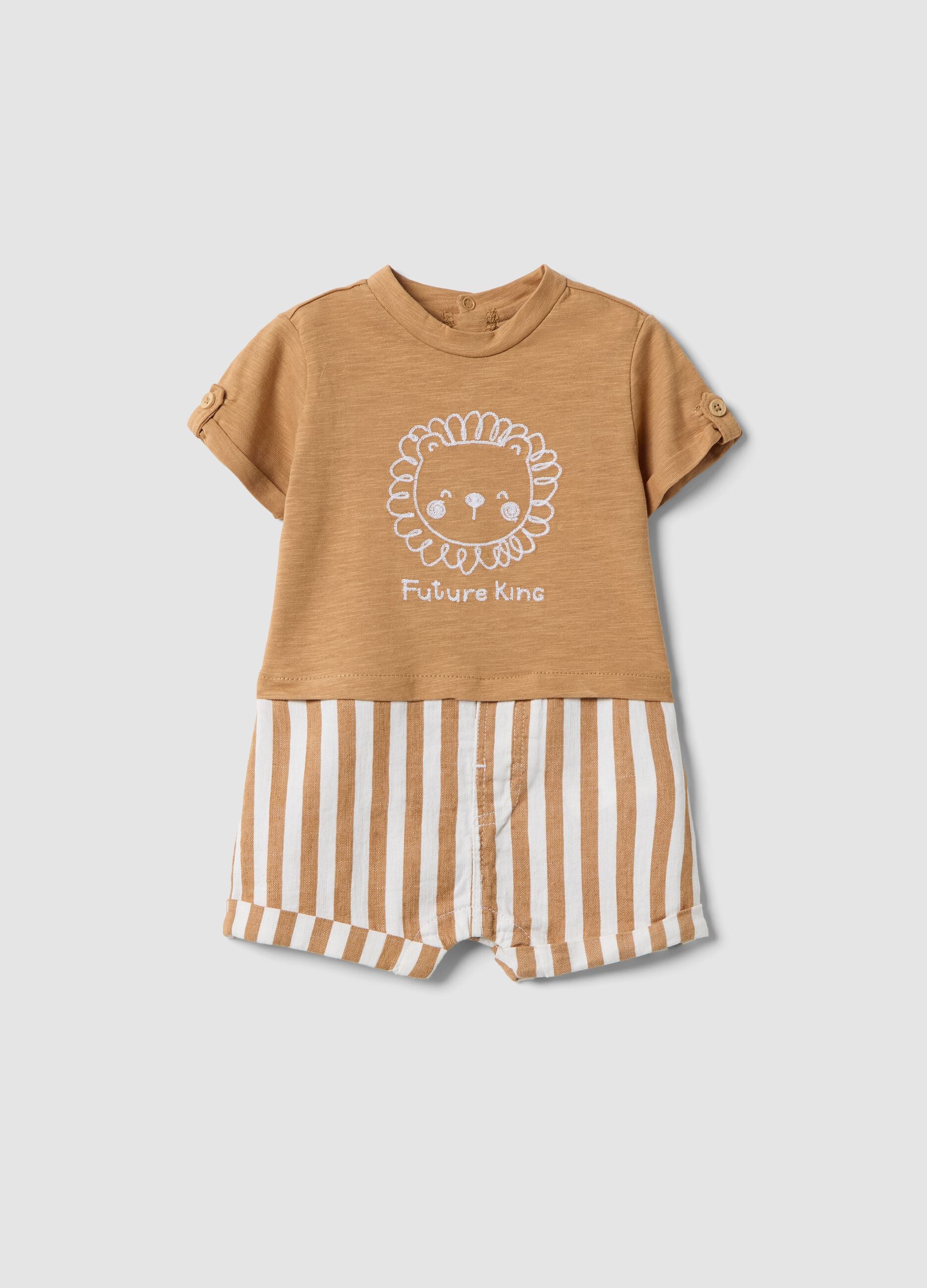Brown stretch cotton and linen baby romper with lion motif