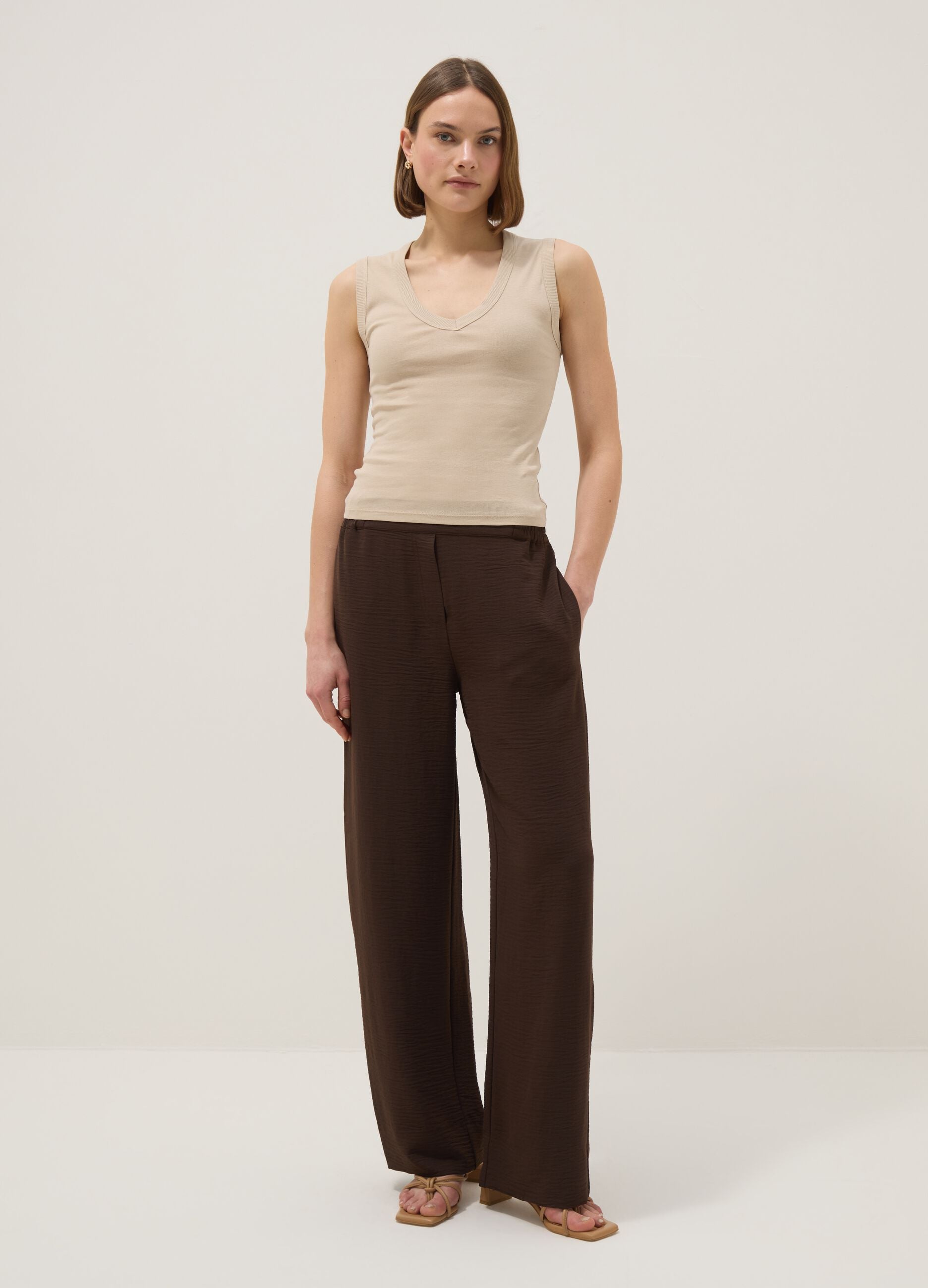 Beige pure cotton V-neck tank top with regular fit