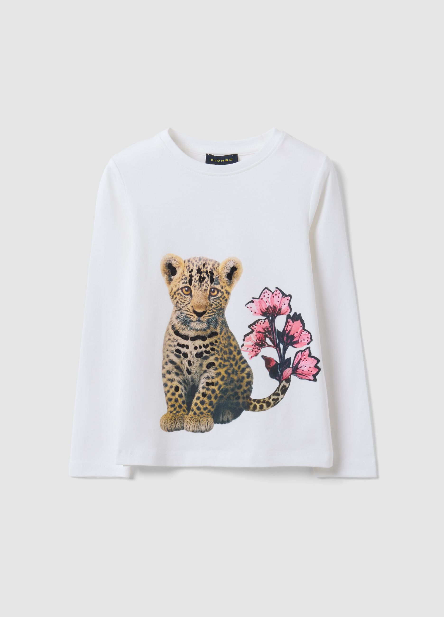 White stretch cotton T-shirt with leopard print for girls