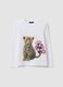 White stretch cotton T-shirt with leopard print for girls_0